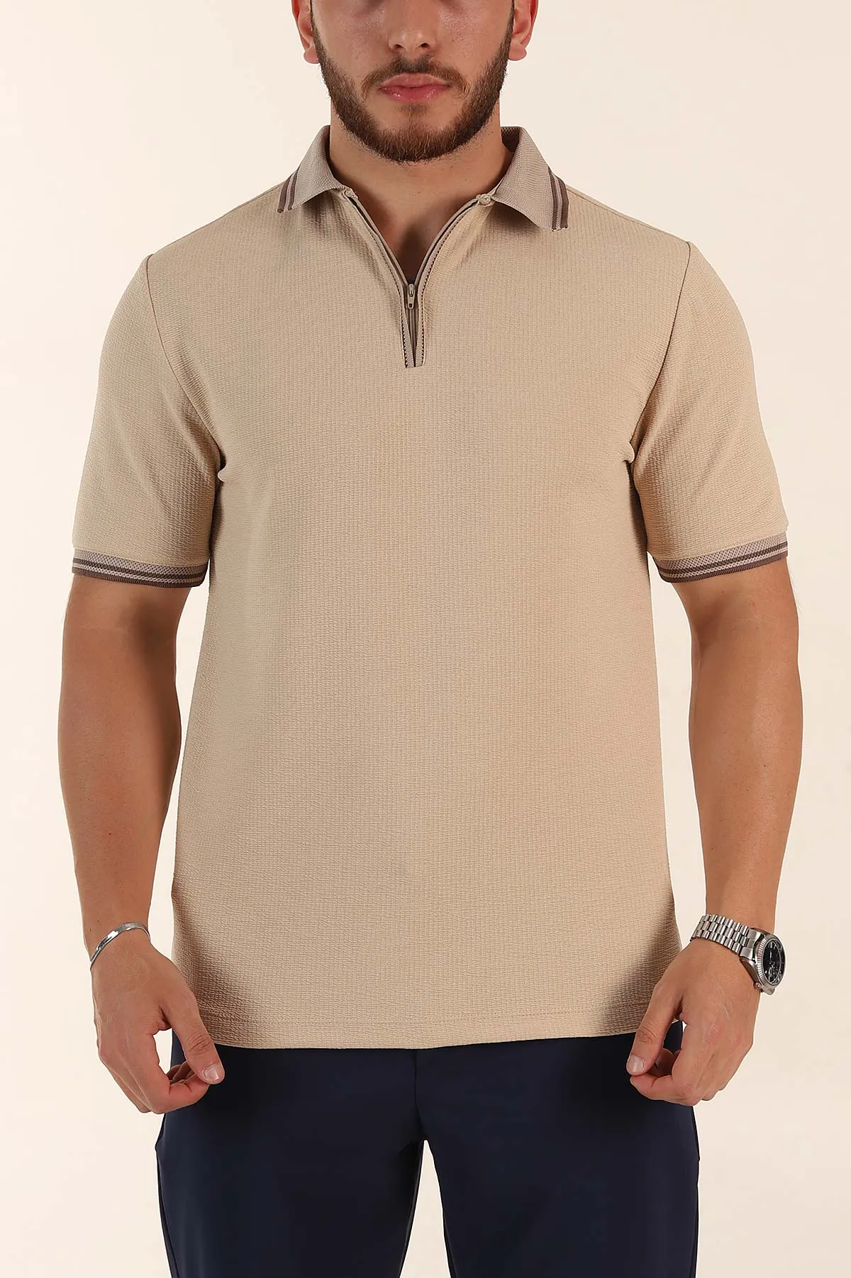 Bej Regular Fit Likralı Çizgili Polo Yaka Erkek Tişört 368730
