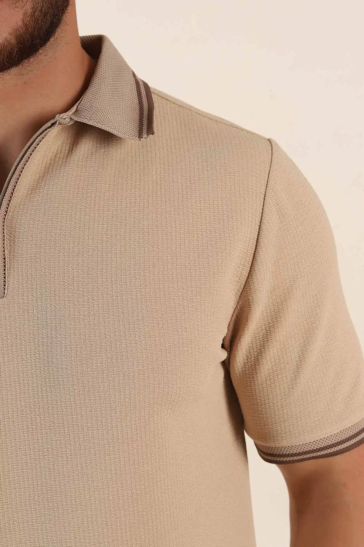 Bej Regular Fit Likralı Çizgili Polo Yaka Erkek Tişört 368730
