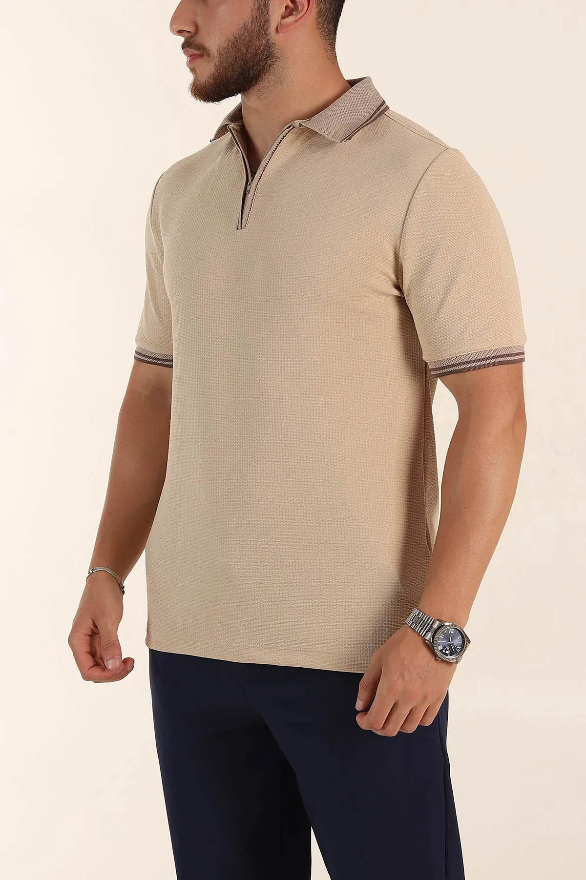 Bej Regular Fit Likralı Çizgili Polo Yaka Erkek Tişört 368730