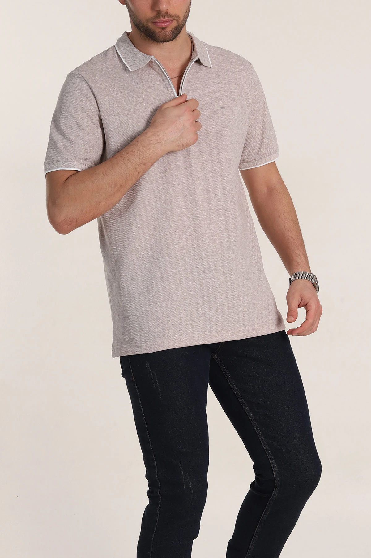Bej Regular Fit Petek Dokulu Polo Yaka Erkek Tişört 349896