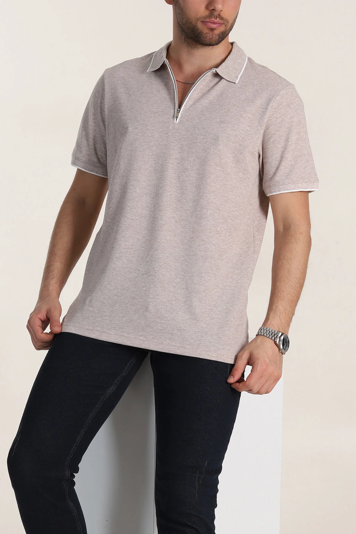 Bej Regular Fit Petek Dokulu Polo Yaka Erkek Tişört 349896