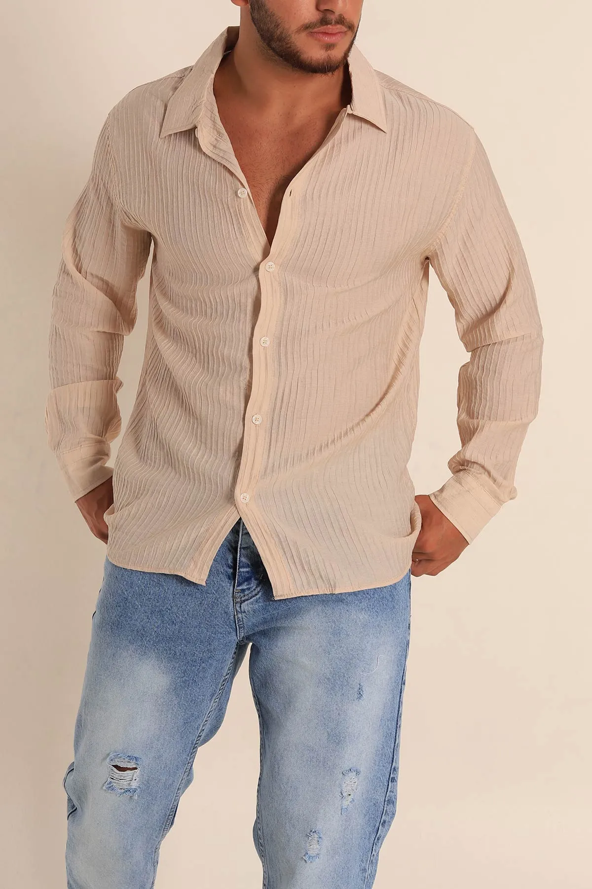 Bej Regular Fit Plise Dokulu Erkek Gömlek 285472