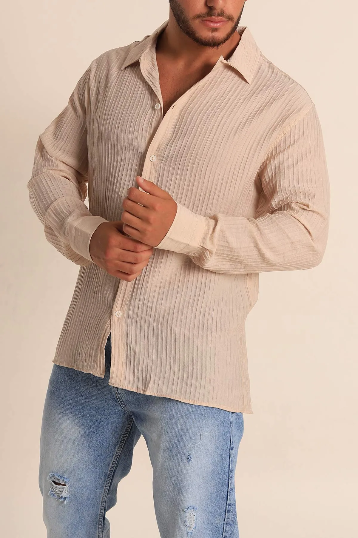 Bej Regular Fit Plise Dokulu Erkek Gömlek 285472