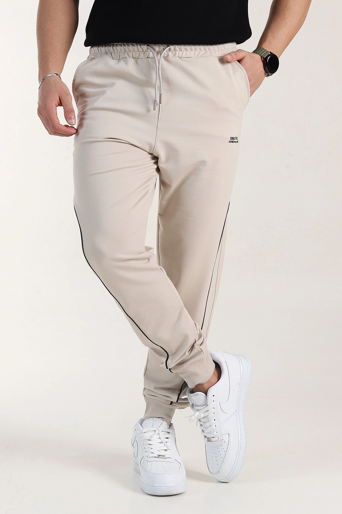 Bej Regular Fit Şerit Detaylı Paça Lastikli Erkek Eşofman Altı 402373
