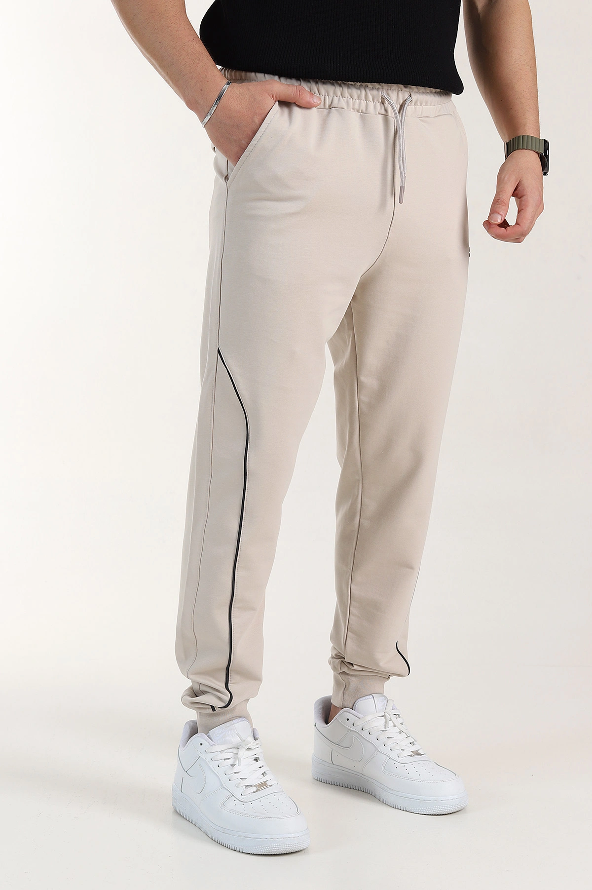 Bej Regular Fit Şerit Detaylı Paça Lastikli Erkek Eşofman Altı 402373