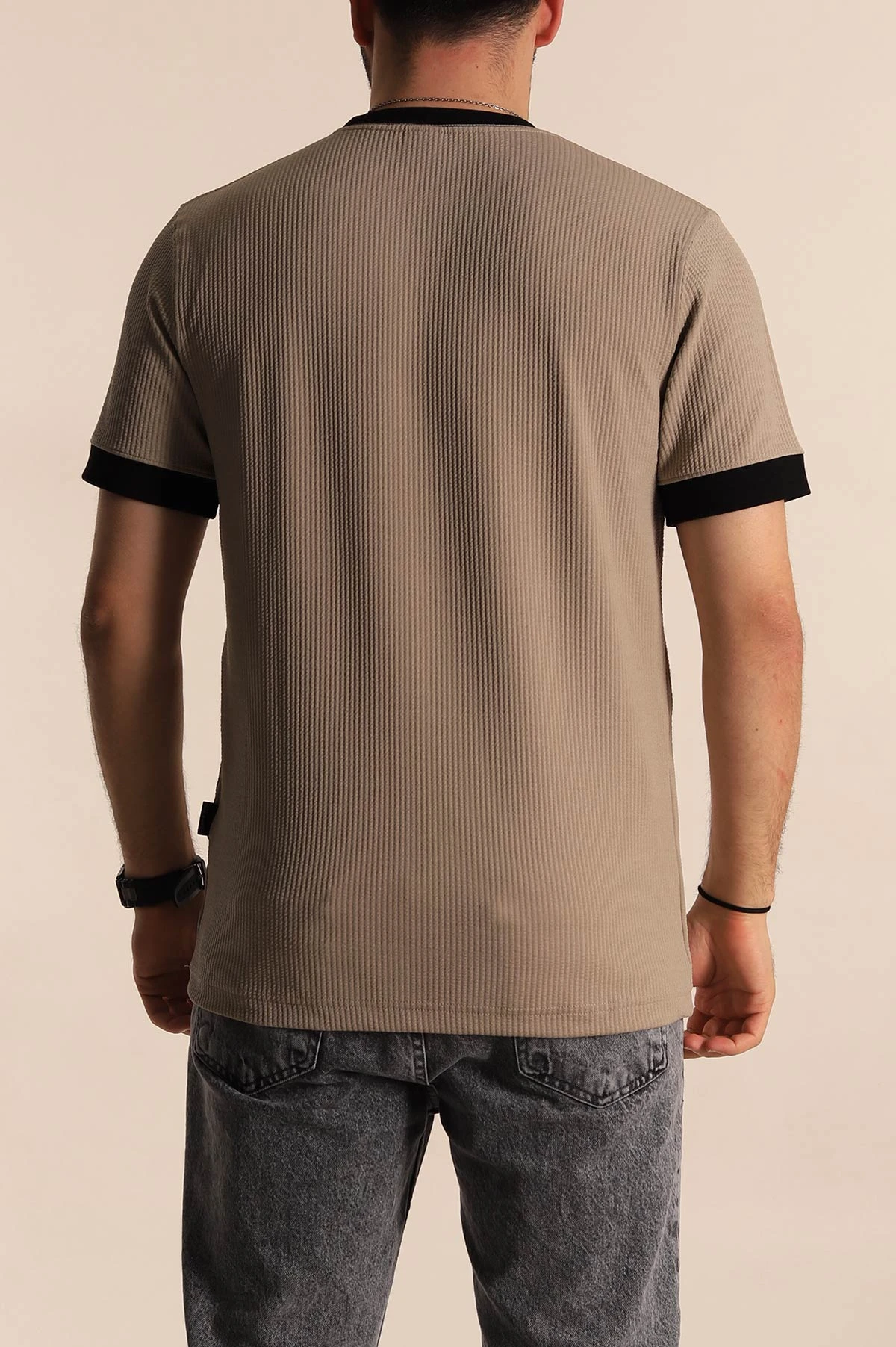 Bej Regular Fit Yaka Detaylı Erkek Tişört 268638