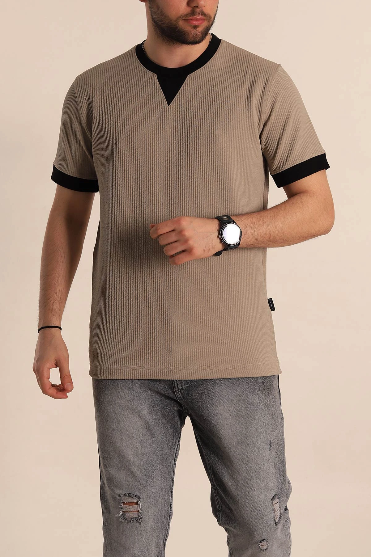 Bej Regular Fit Yaka Detaylı Erkek Tişört 268638