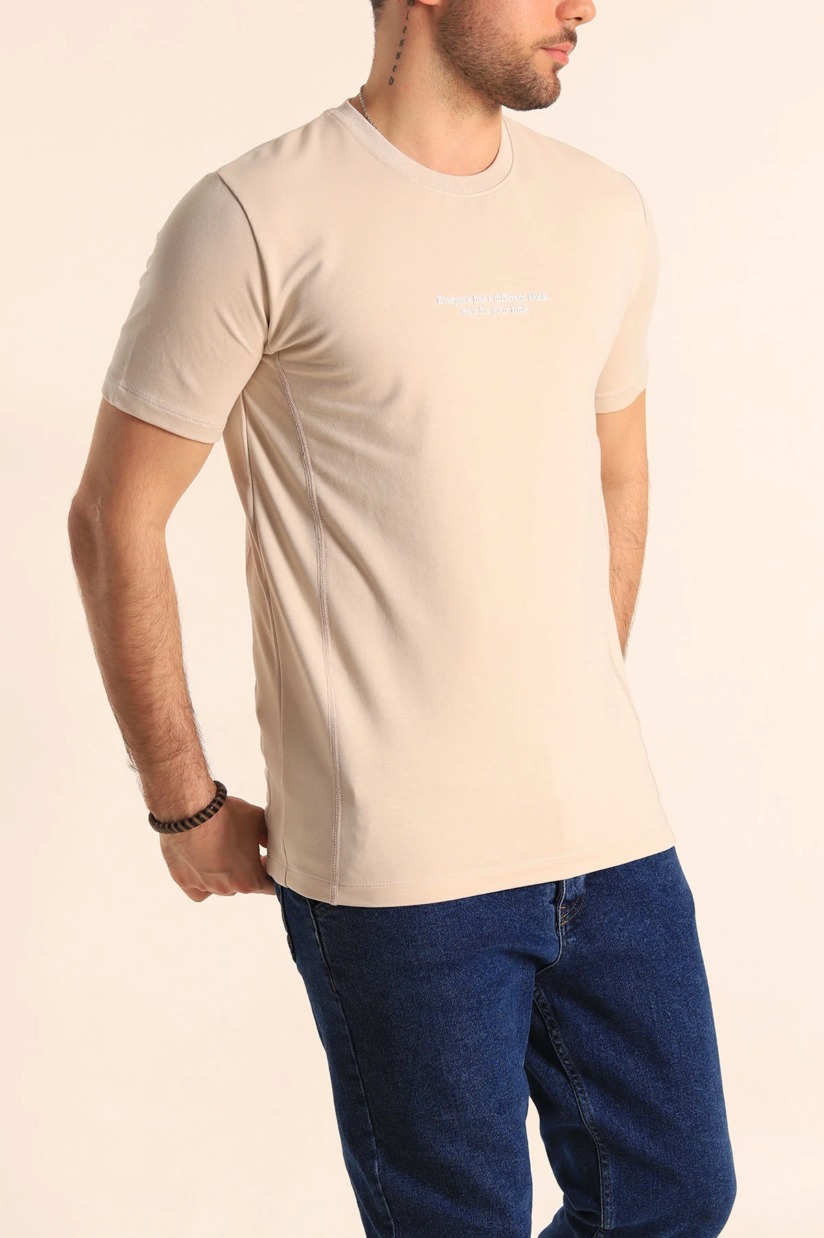 Bej Regular Fit Yazı Detay Erkek Tişört 252205
