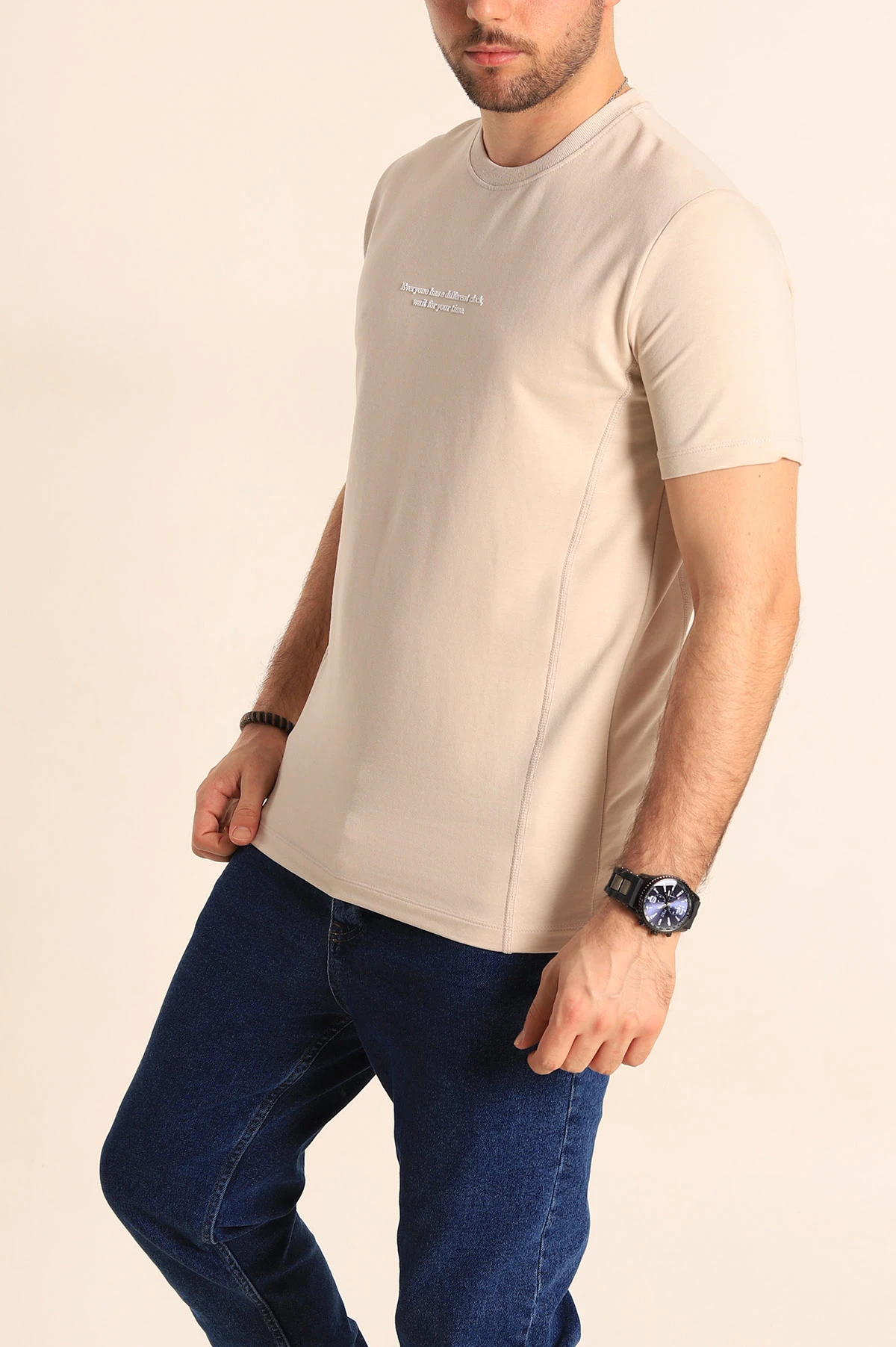 Bej Regular Fit Yazı Detay Erkek Tişört 252205