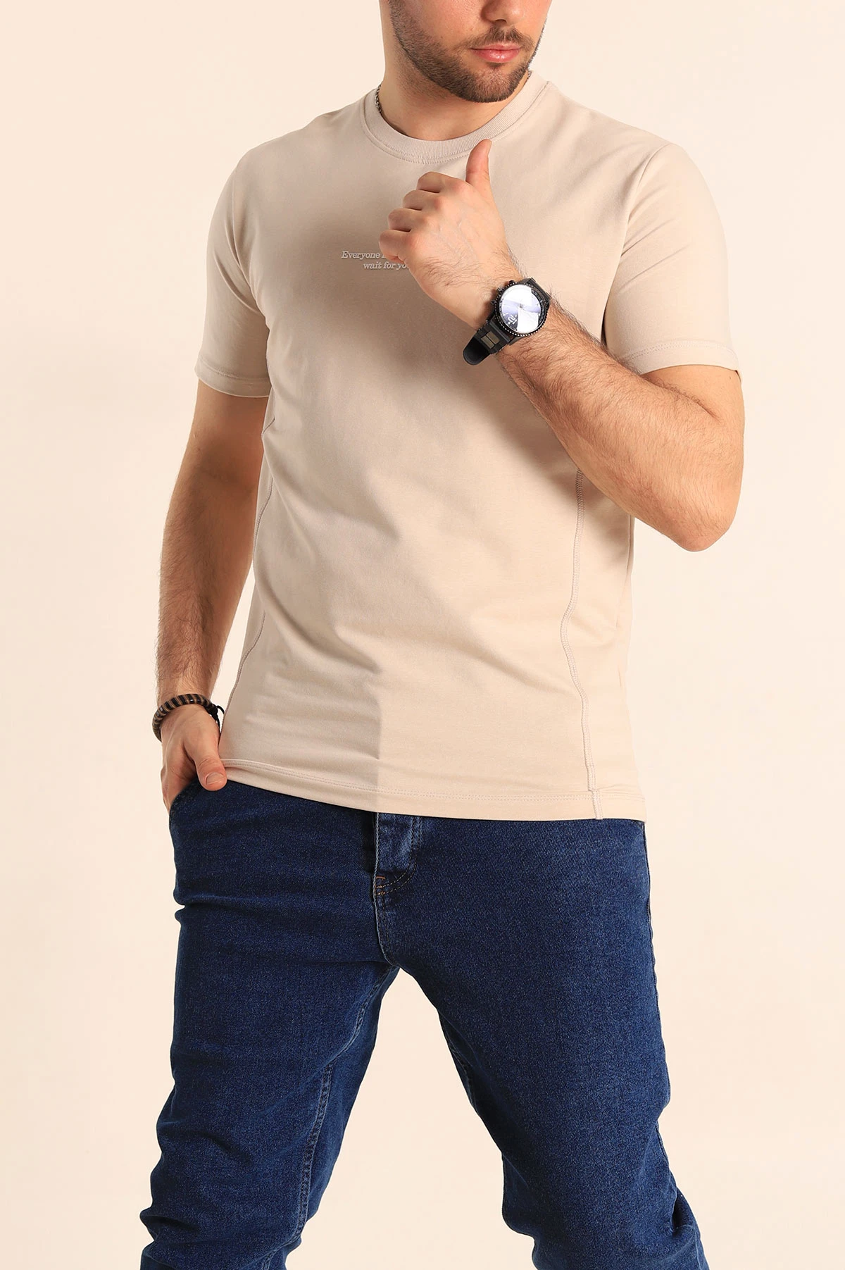 Bej Regular Fit Yazı Detay Erkek Tişört 252205