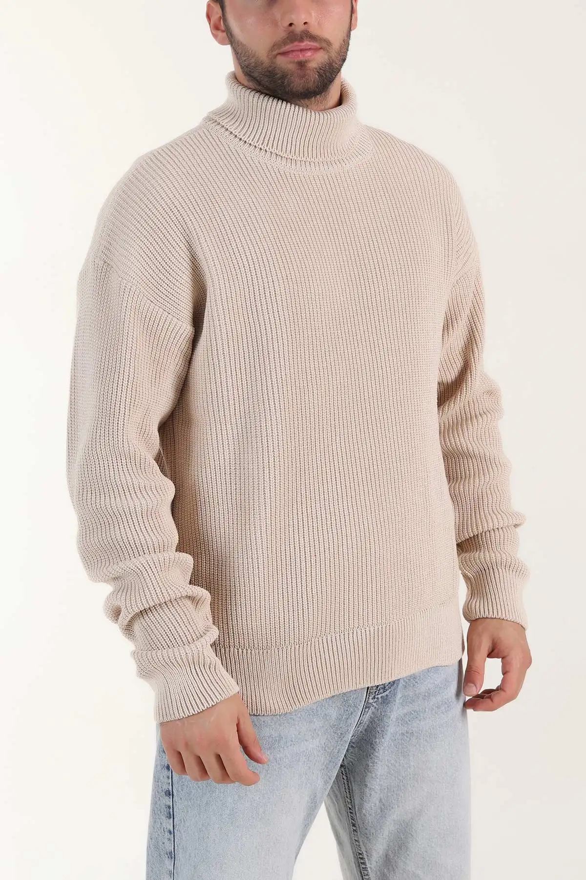Bej Relaxed Fit Balıkçı Yaka Erkek Triko Kazak 409067