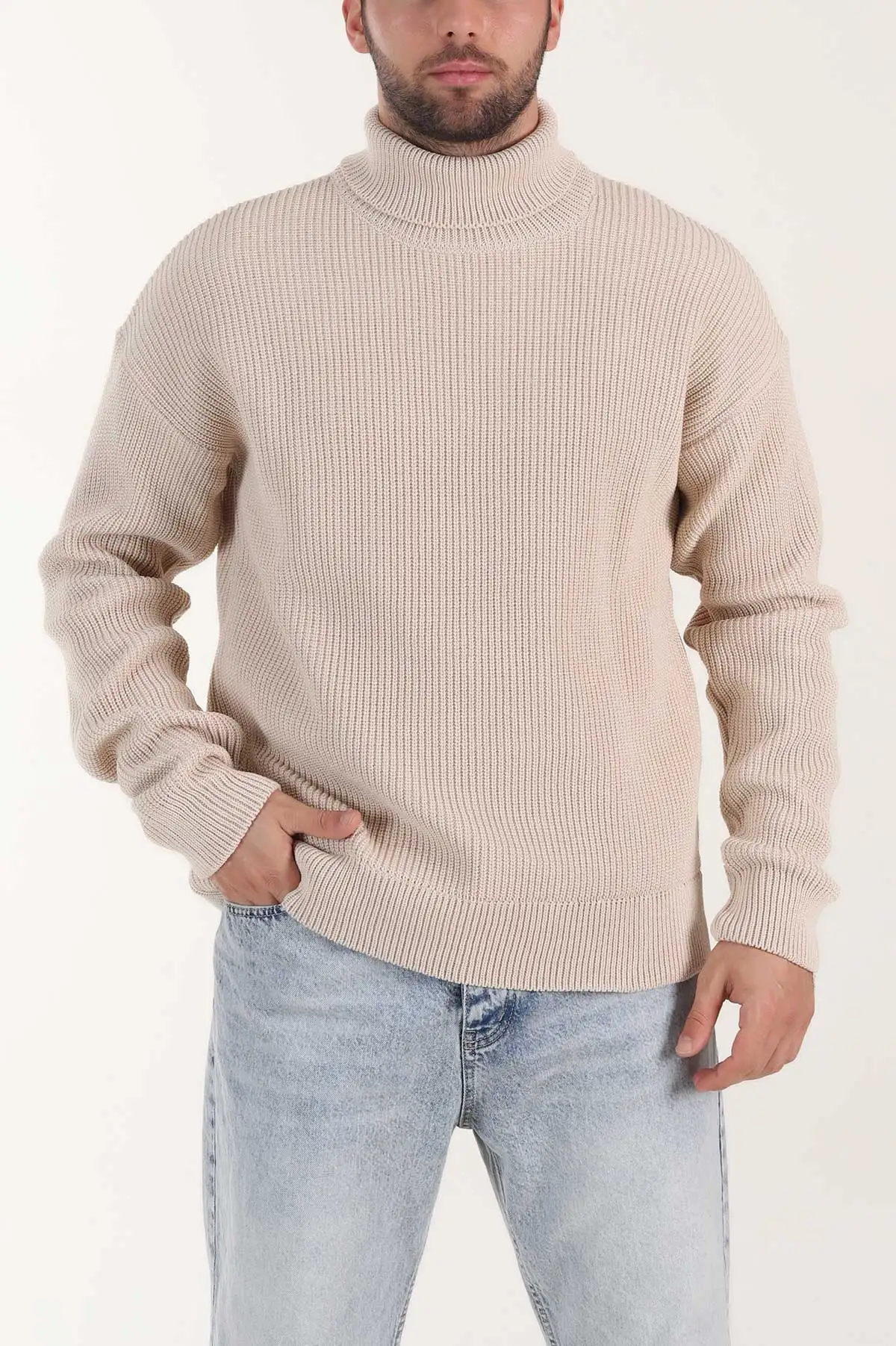 Bej Relaxed Fit Balıkçı Yaka Erkek Triko Kazak 409067