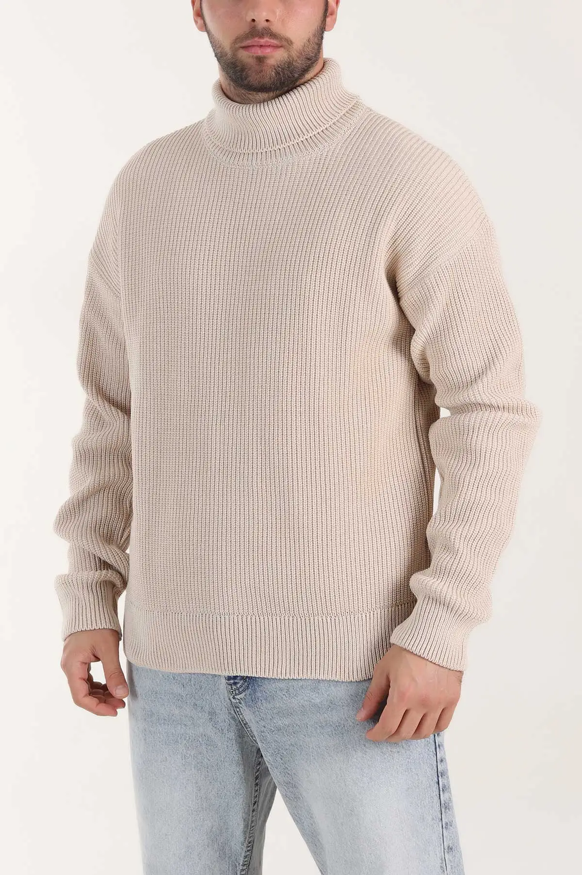 Bej Relaxed Fit Balıkçı Yaka Erkek Triko Kazak 409067