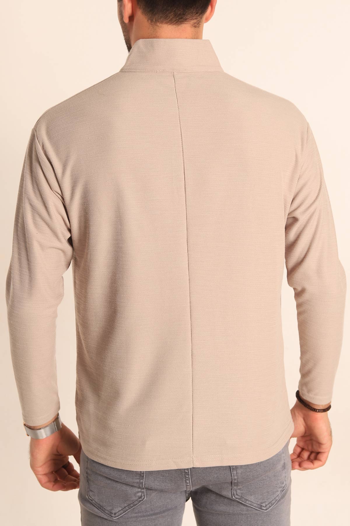 Bej Relaxed Fit Balıkçı Yaka Fermuarlı Erkek Sweat 201319