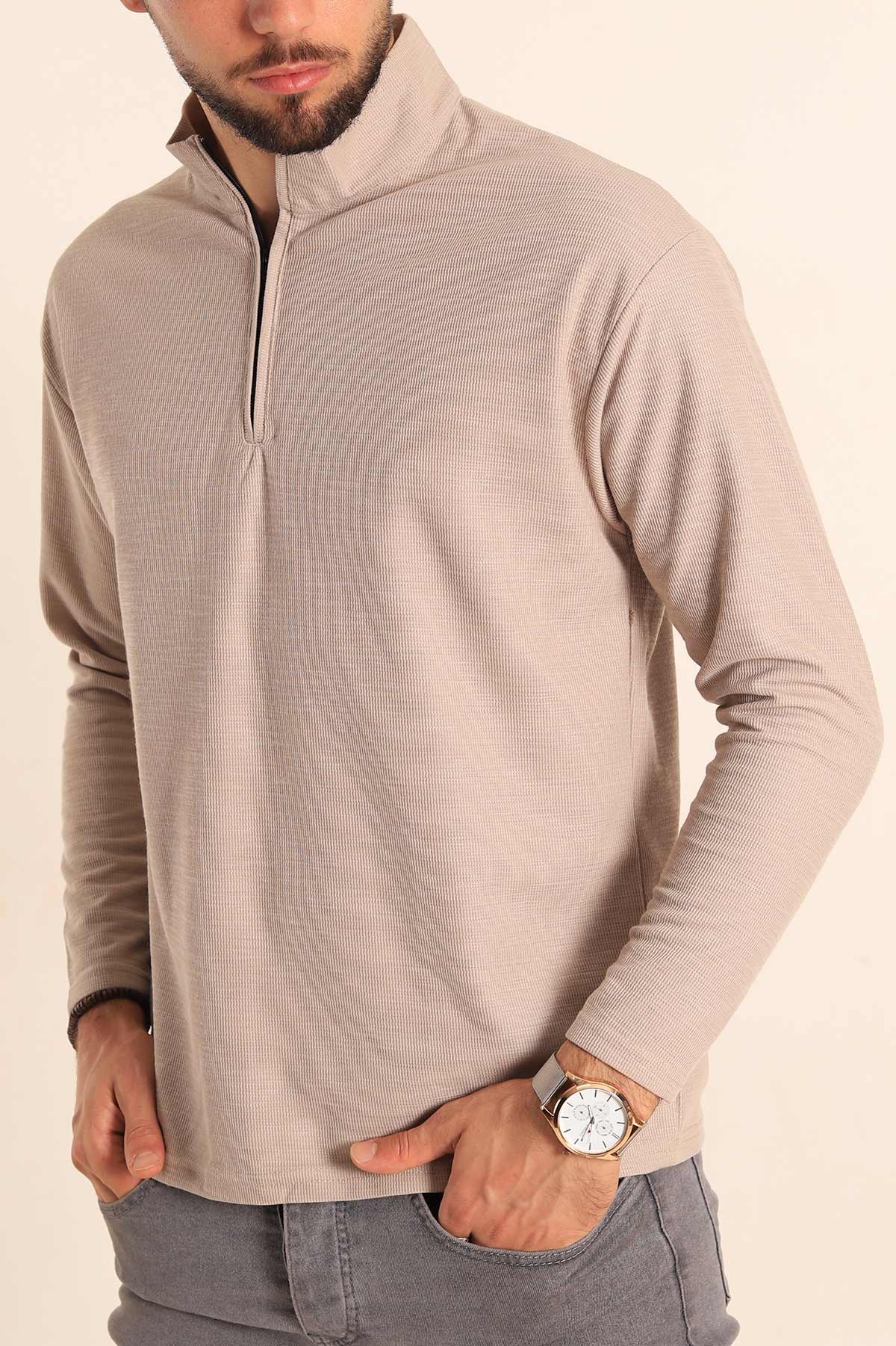 Bej Relaxed Fit Balıkçı Yaka Fermuarlı Erkek Sweat 201319