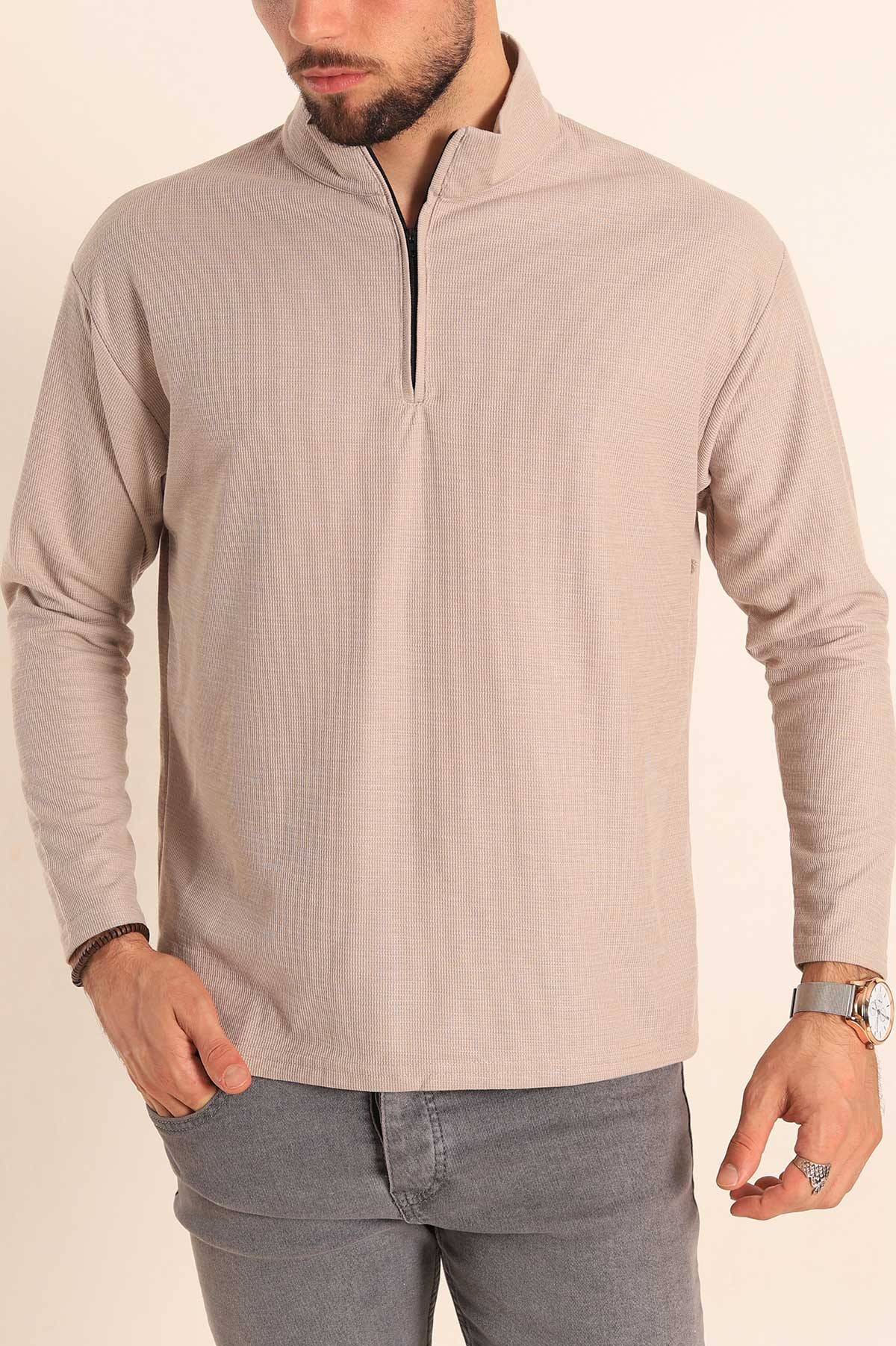 Bej Relaxed Fit Balıkçı Yaka Fermuarlı Erkek Sweat 201319