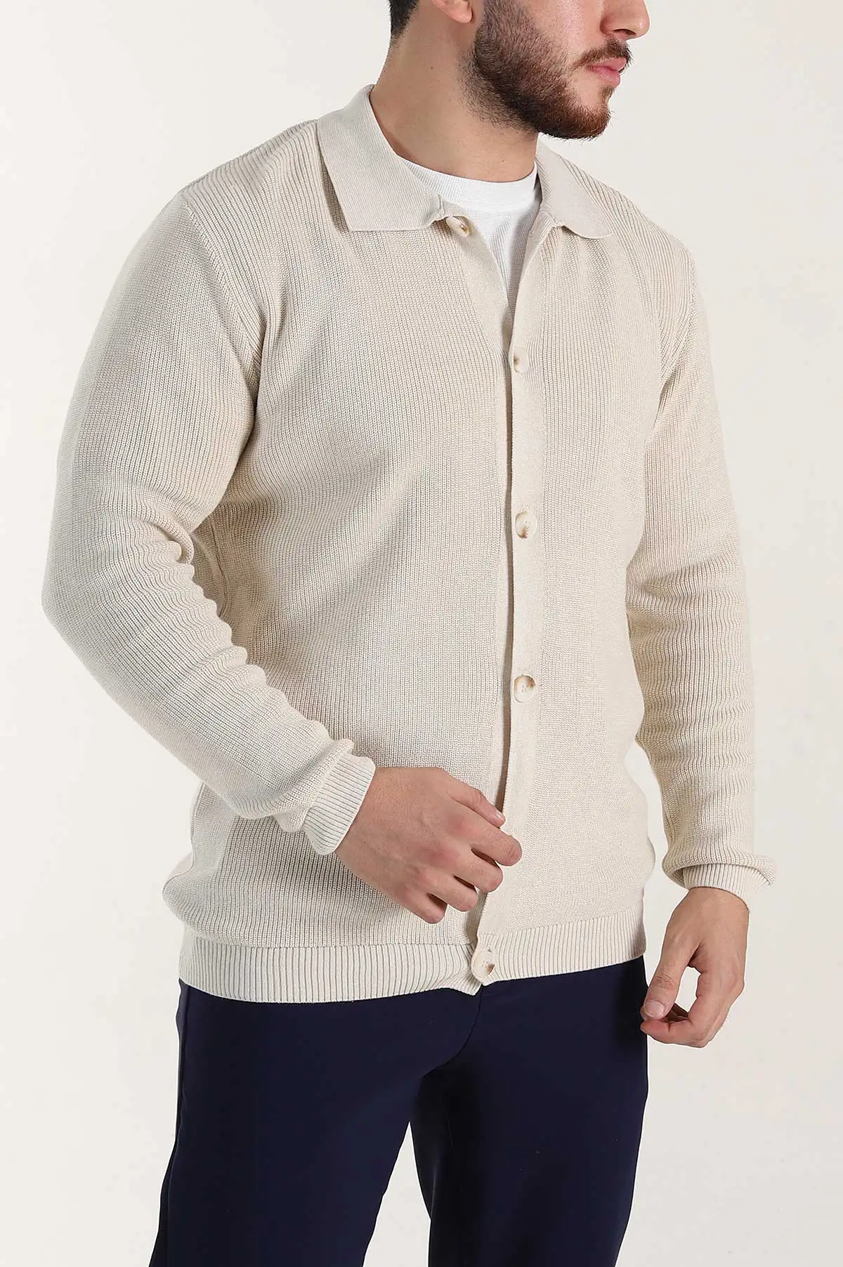Bej Relaxed Fit Bambu Erkek Triko Hırka 400157