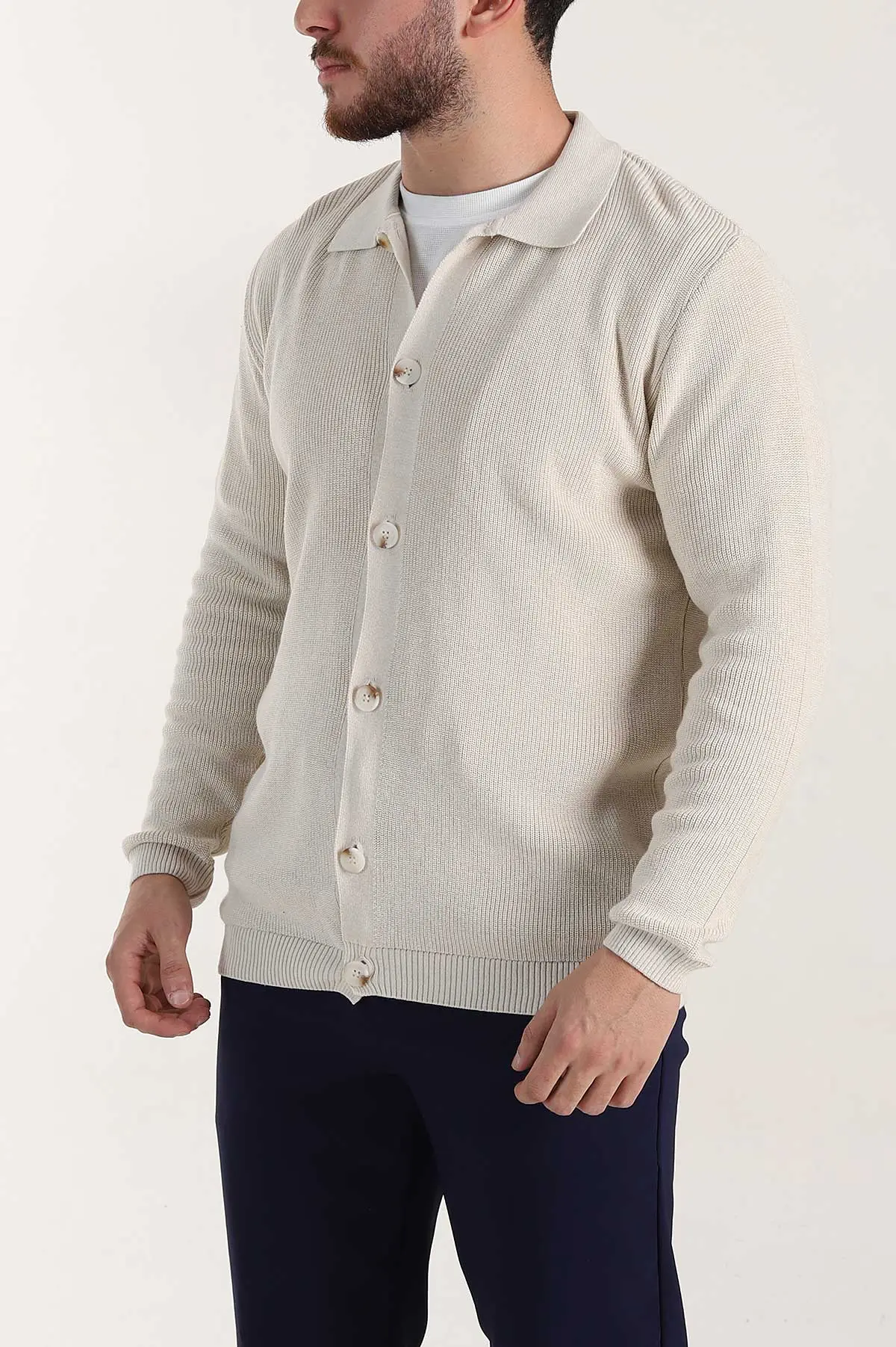 Bej Relaxed Fit Bambu Erkek Triko Hırka 400157