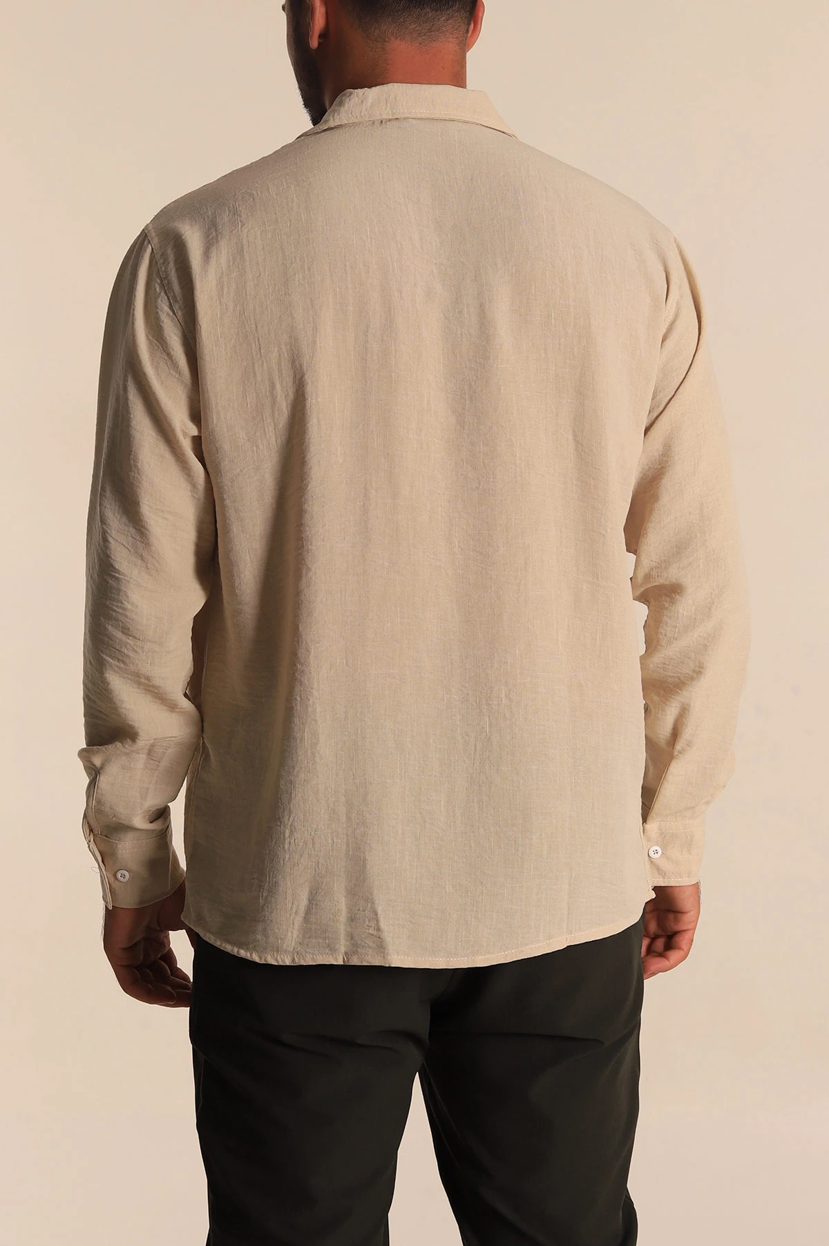 Bej Relaxed Fit Bambu Keten Apaş Yaka Erkek Gömlek 285488