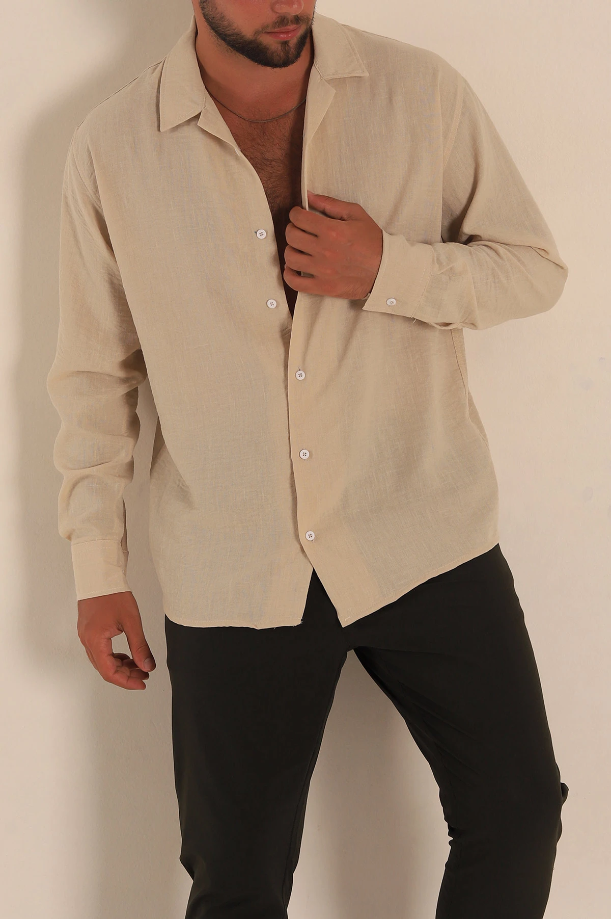 Bej Relaxed Fit Bambu Keten Apaş Yaka Erkek Gömlek 285488