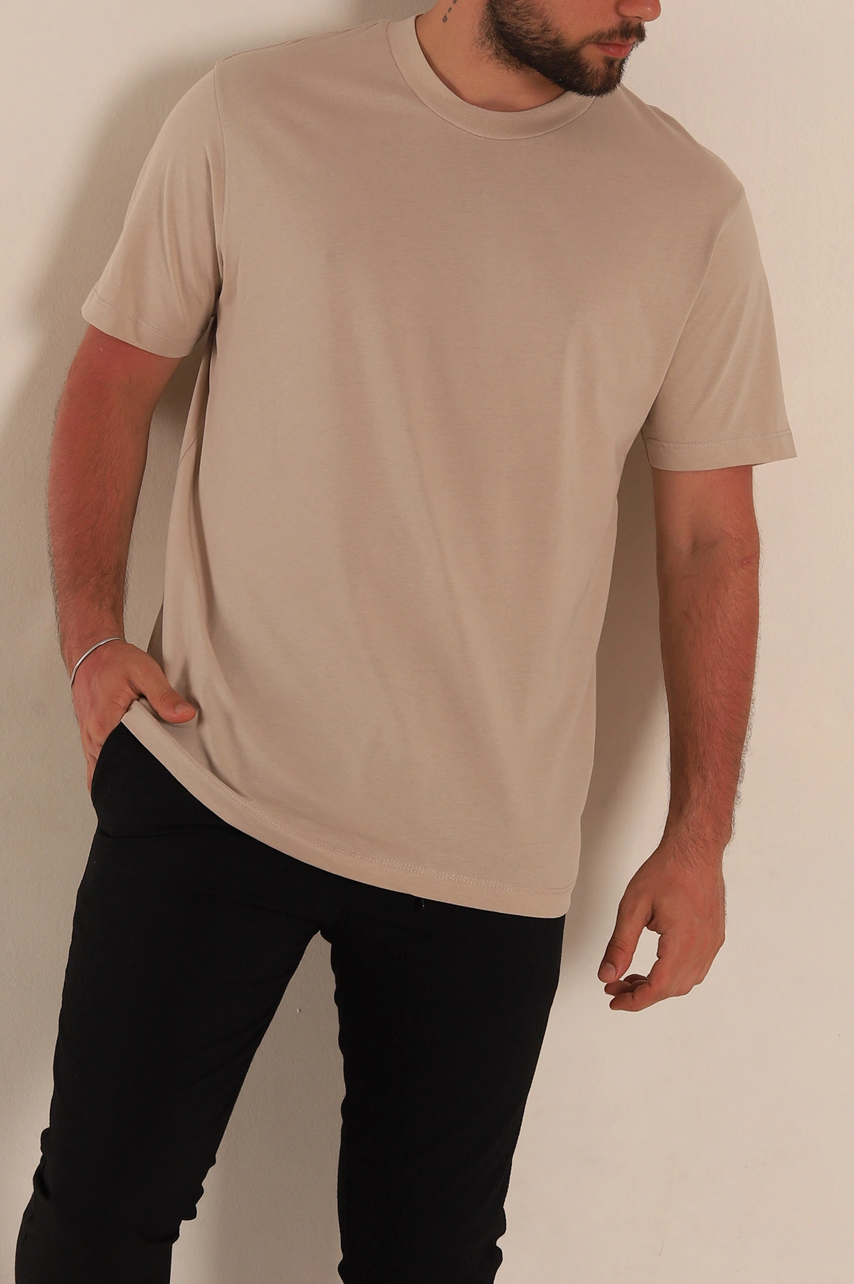 Bej Relaxed Fit Basic Erkek Tişört 279895