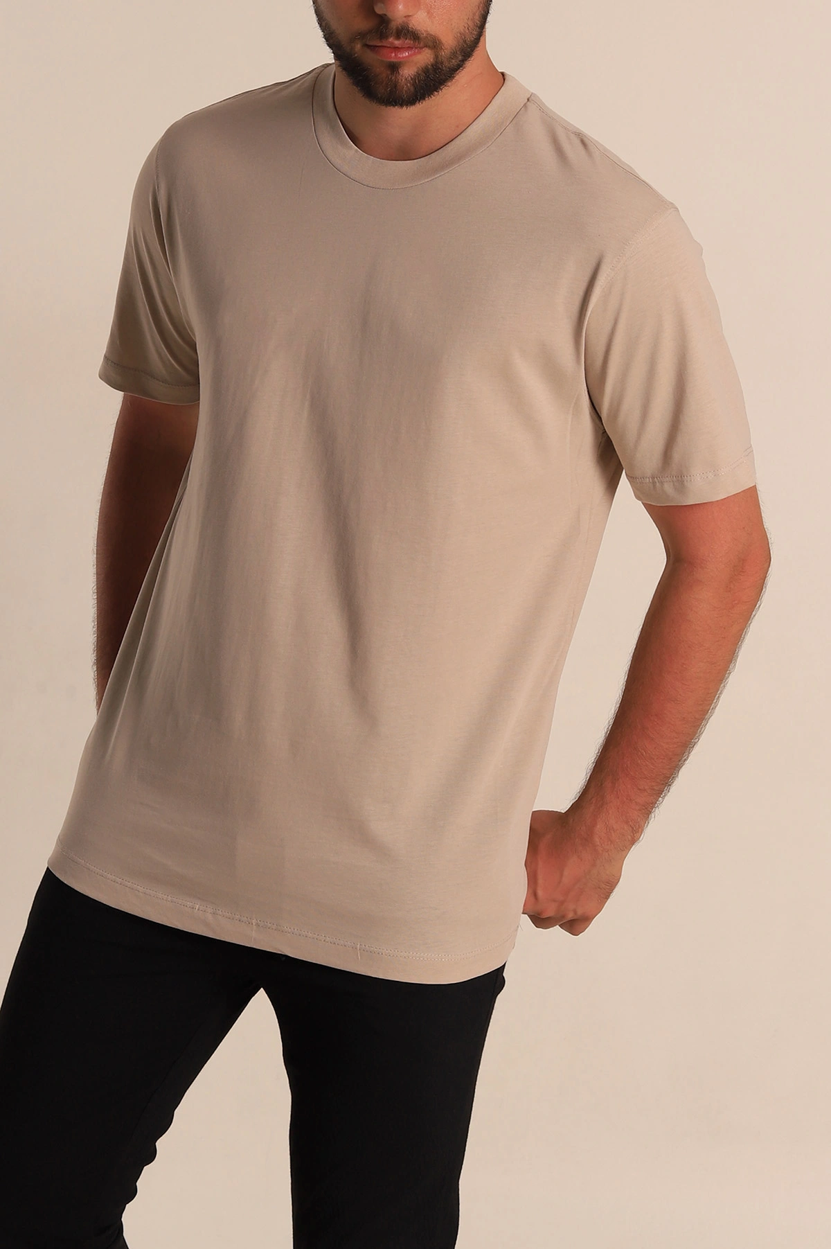 Bej Relaxed Fit Basic Erkek Tişört 279895