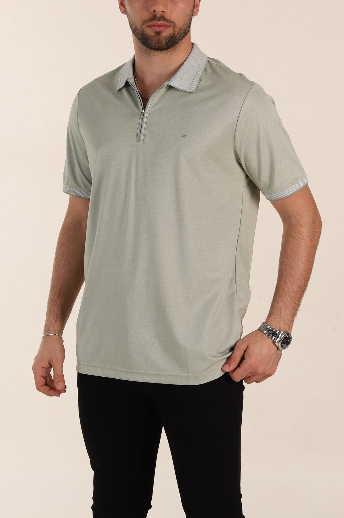 Bej Relaxed Fit Basic Fermuarlı Polo Yaka Erkek Tişört 359132