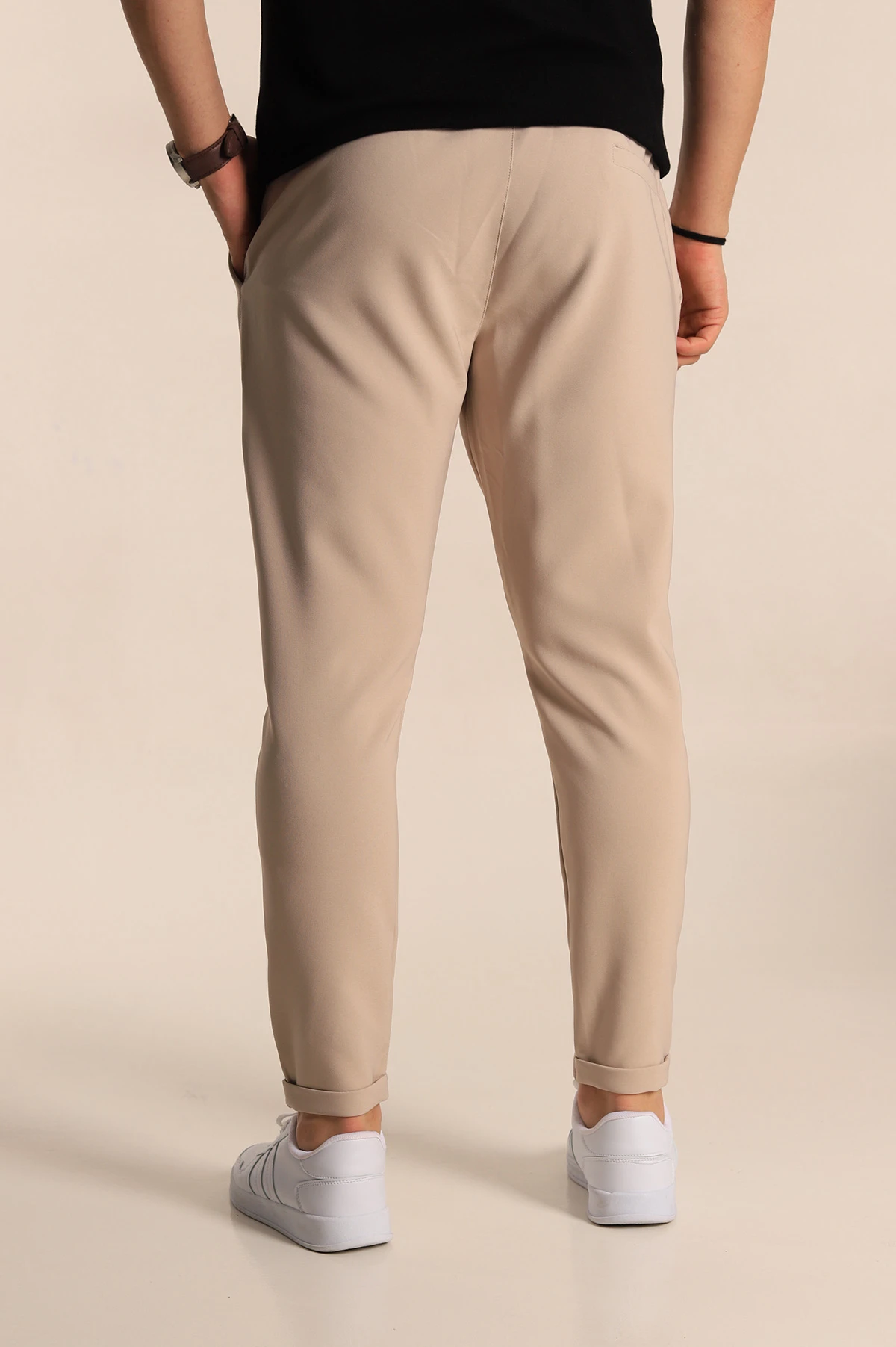 Bej Relaxed Fit Bel Bağlamalı Duble Paça Erkek Jogger Pantolon 257468