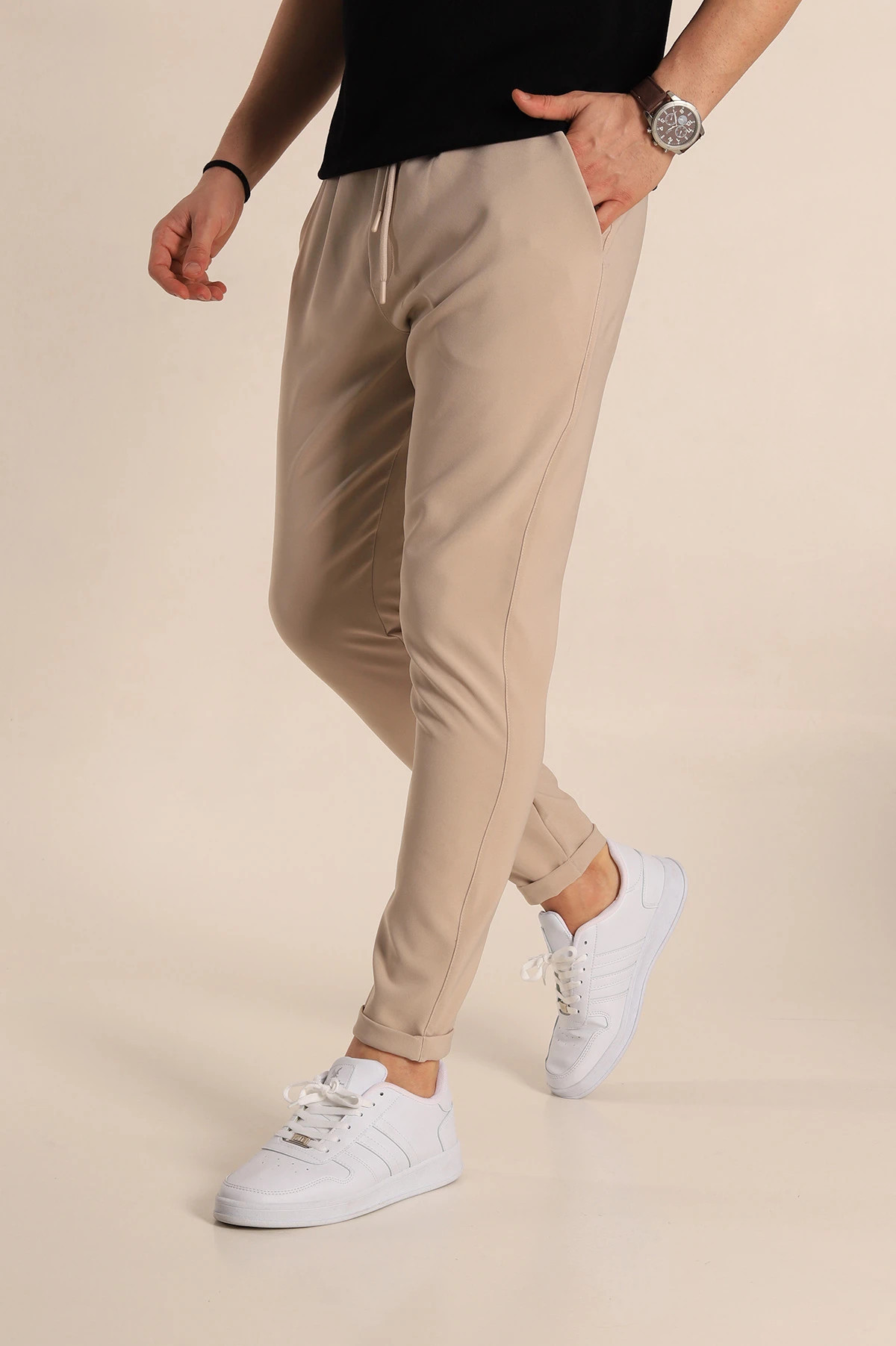 Bej Relaxed Fit Bel Bağlamalı Duble Paça Erkek Jogger Pantolon 257468