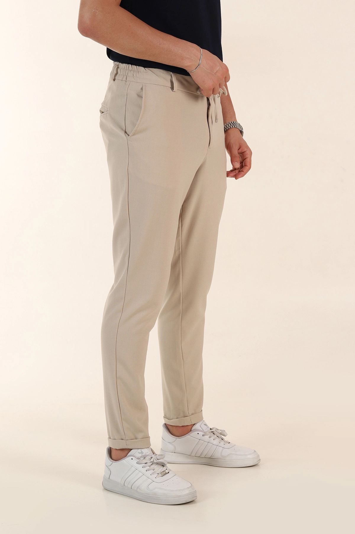 Bej Relaxed Fit Bel Bağlamalı Duble Paça Erkek Kumaş Pantolon 368385