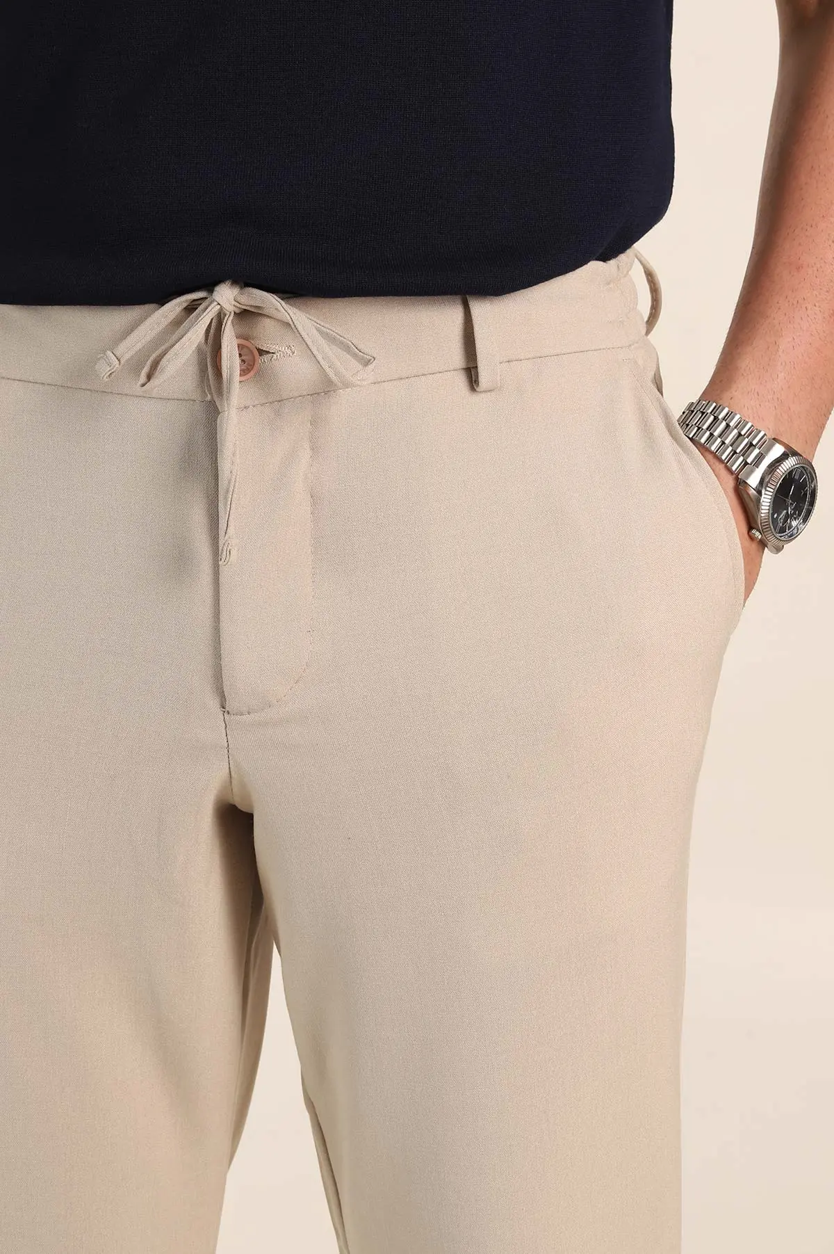 Bej Relaxed Fit Bel Bağlamalı Duble Paça Erkek Kumaş Pantolon 368385