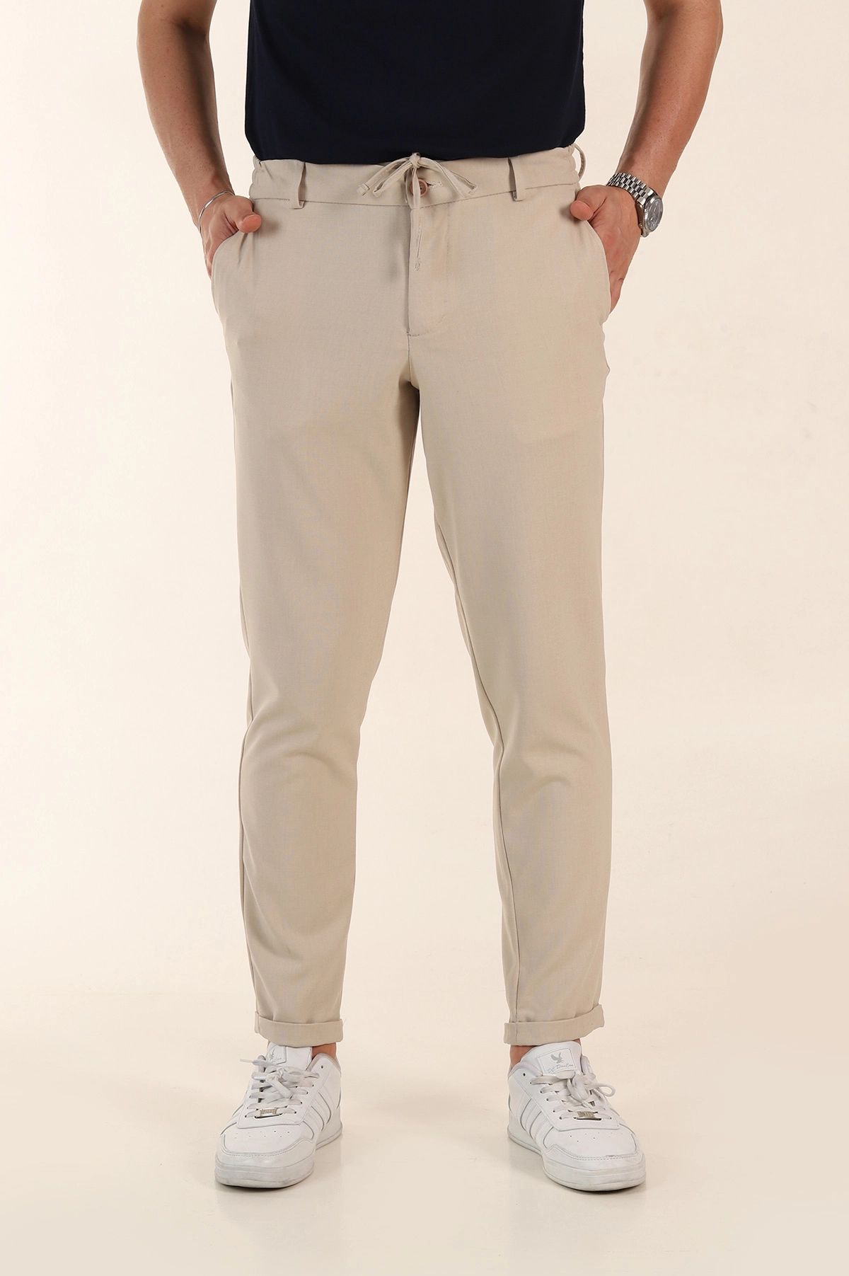 Bej Relaxed Fit Bel Bağlamalı Duble Paça Erkek Kumaş Pantolon 368385