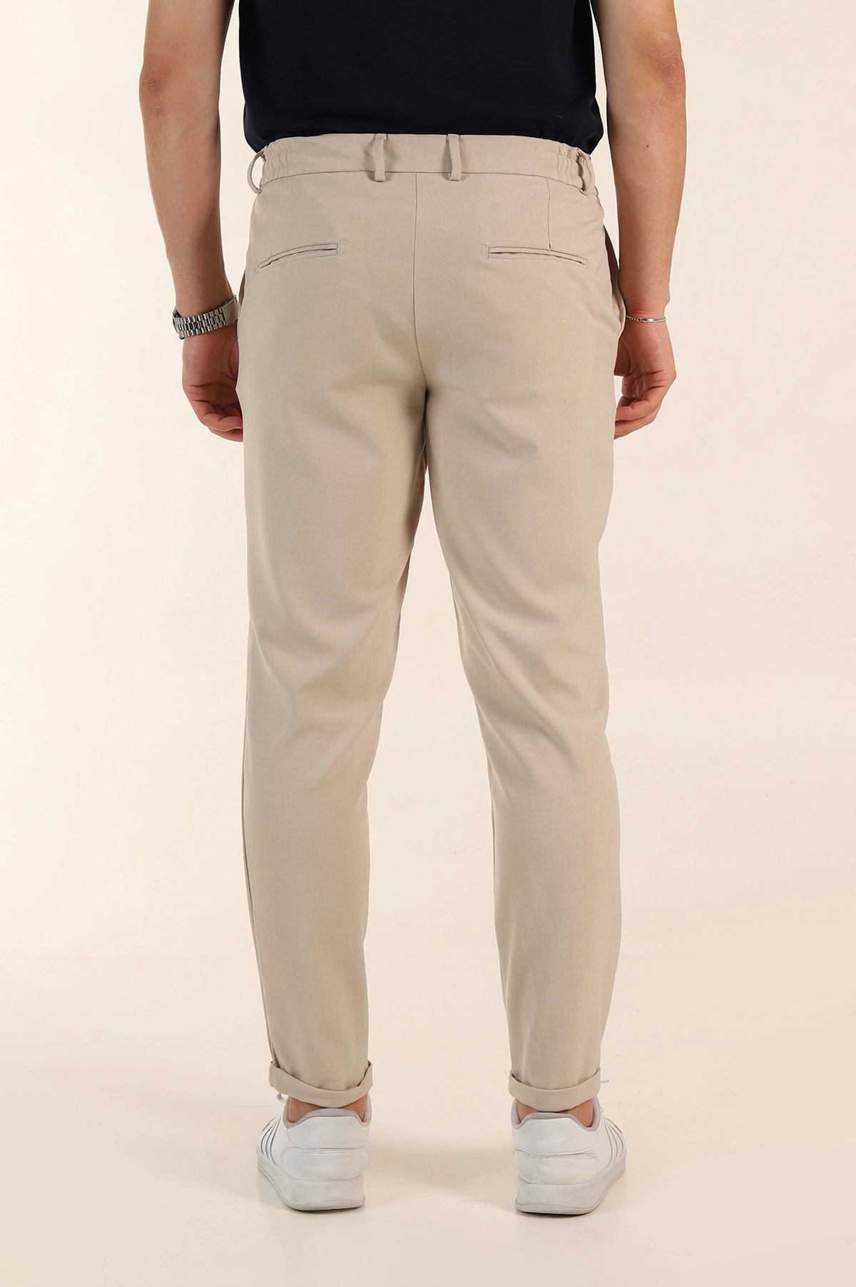Bej Relaxed Fit Bel Bağlamalı Duble Paça Erkek Kumaş Pantolon 368385