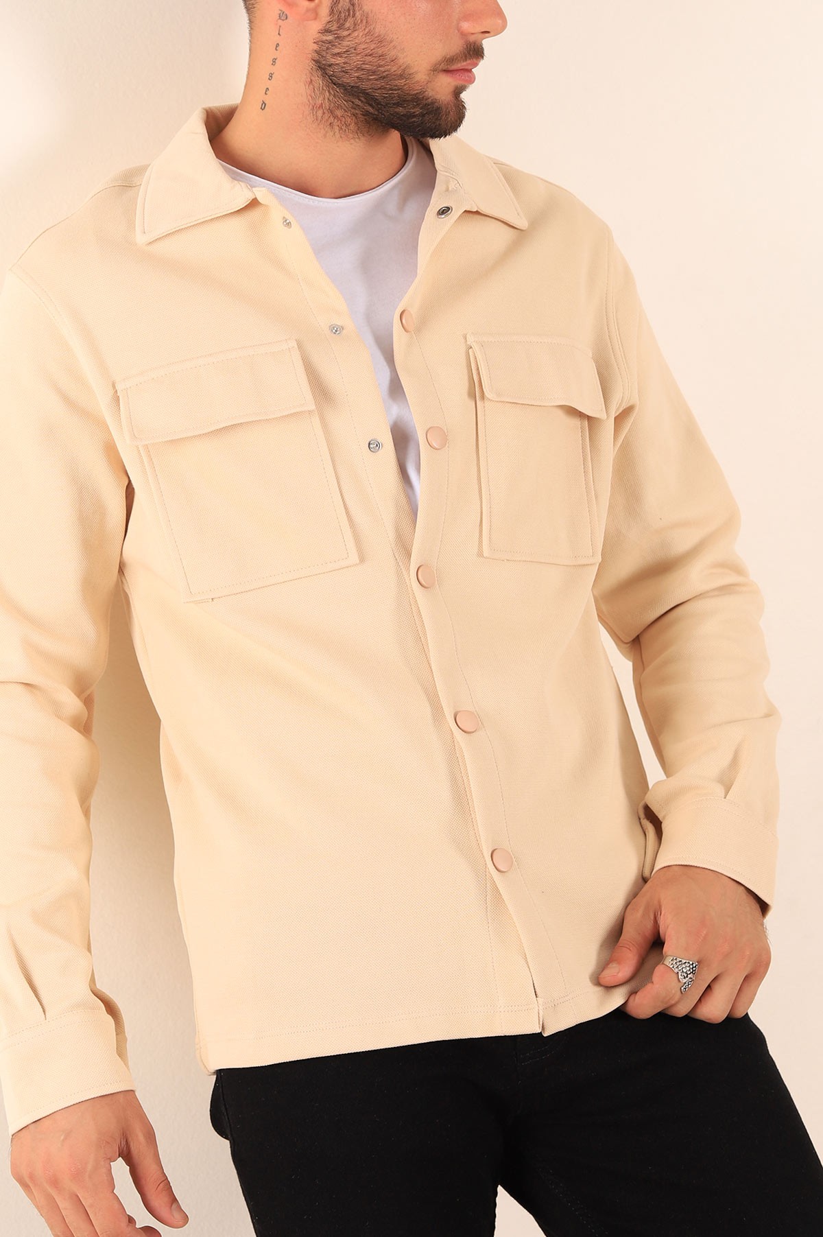 Bej Relaxed Fit Çift Cepli Çıt Çıt Düğmeli Uzun Kollu Erkek Gömlek 201331