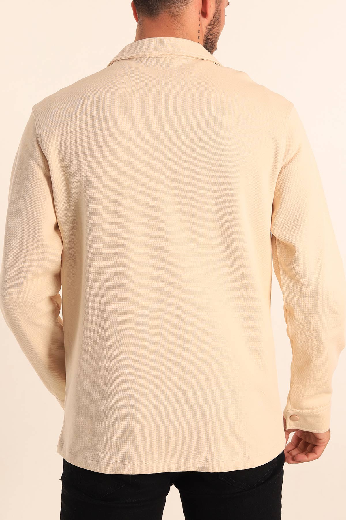 Bej Relaxed Fit Çift Cepli Çıt Çıt Düğmeli Uzun Kollu Erkek Gömlek 201331
