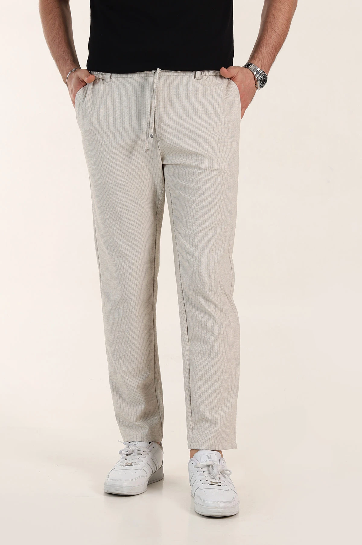 Bej Relaxed Fit Çizgili Bel Arkası Lastikli Erkek Pantolon 362593