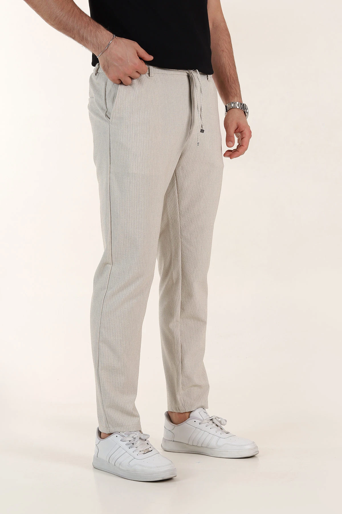 Bej Relaxed Fit Çizgili Bel Arkası Lastikli Erkek Pantolon 362593