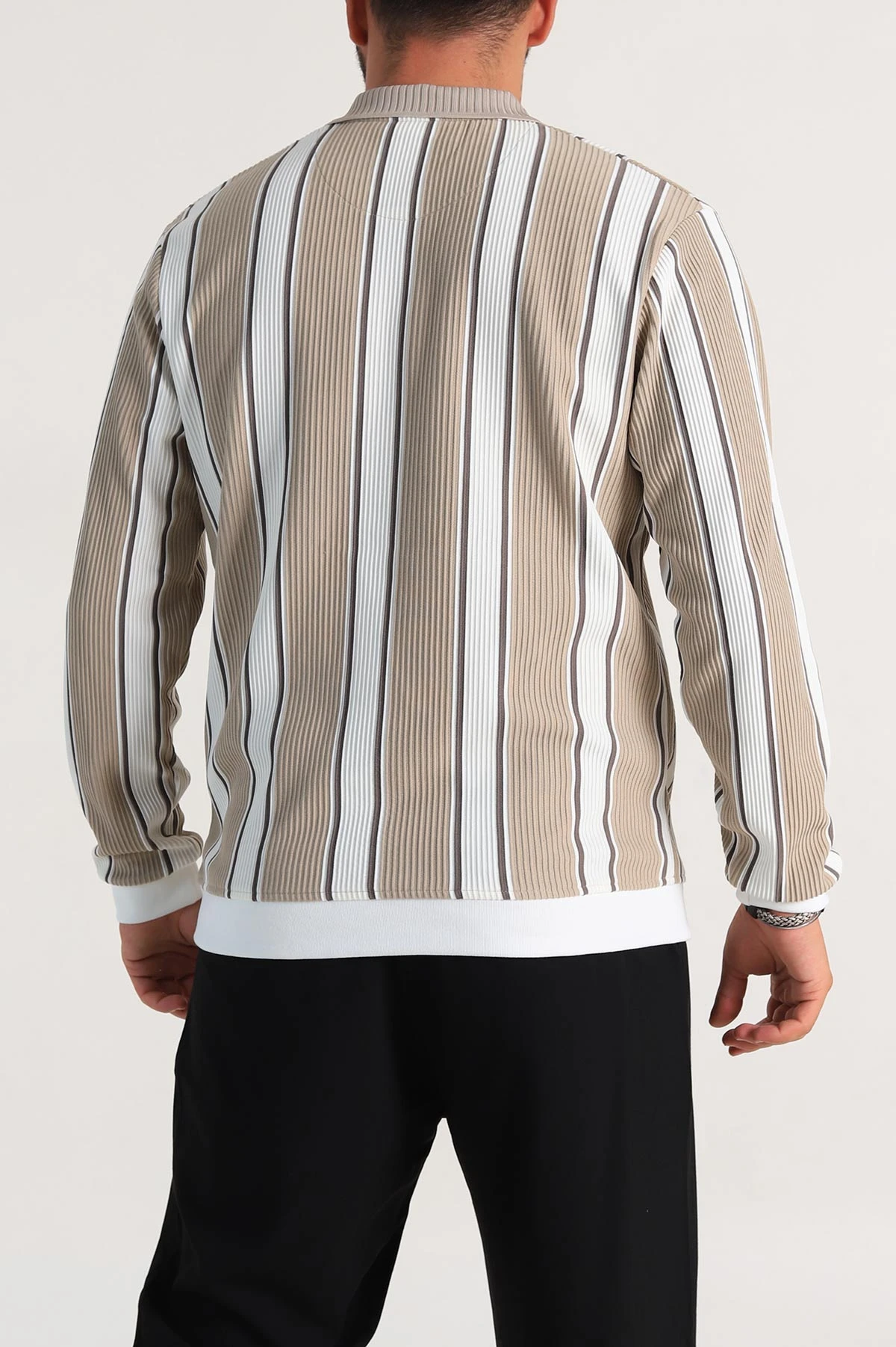 Bej Relaxed Fit Çizgili Polo Yaka Uzun Kollu Erkek Sweatshirt 300887