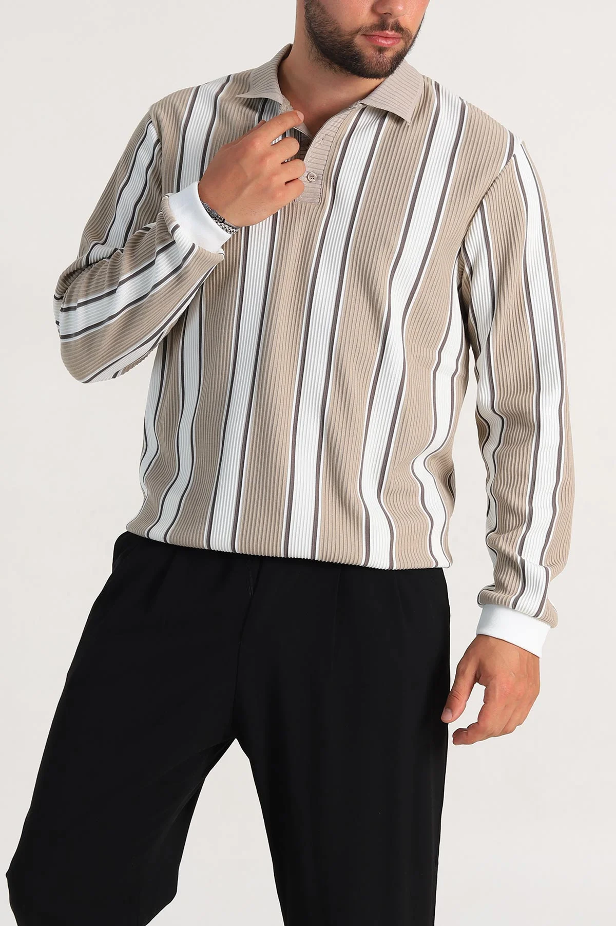 Bej Relaxed Fit Çizgili Polo Yaka Uzun Kollu Erkek Sweatshirt 300887