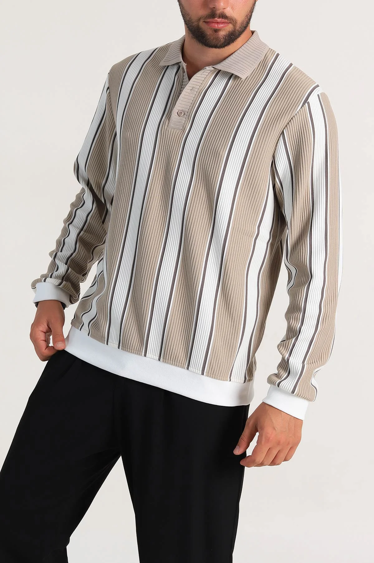 Bej Relaxed Fit Çizgili Polo Yaka Uzun Kollu Erkek Sweatshirt 300887