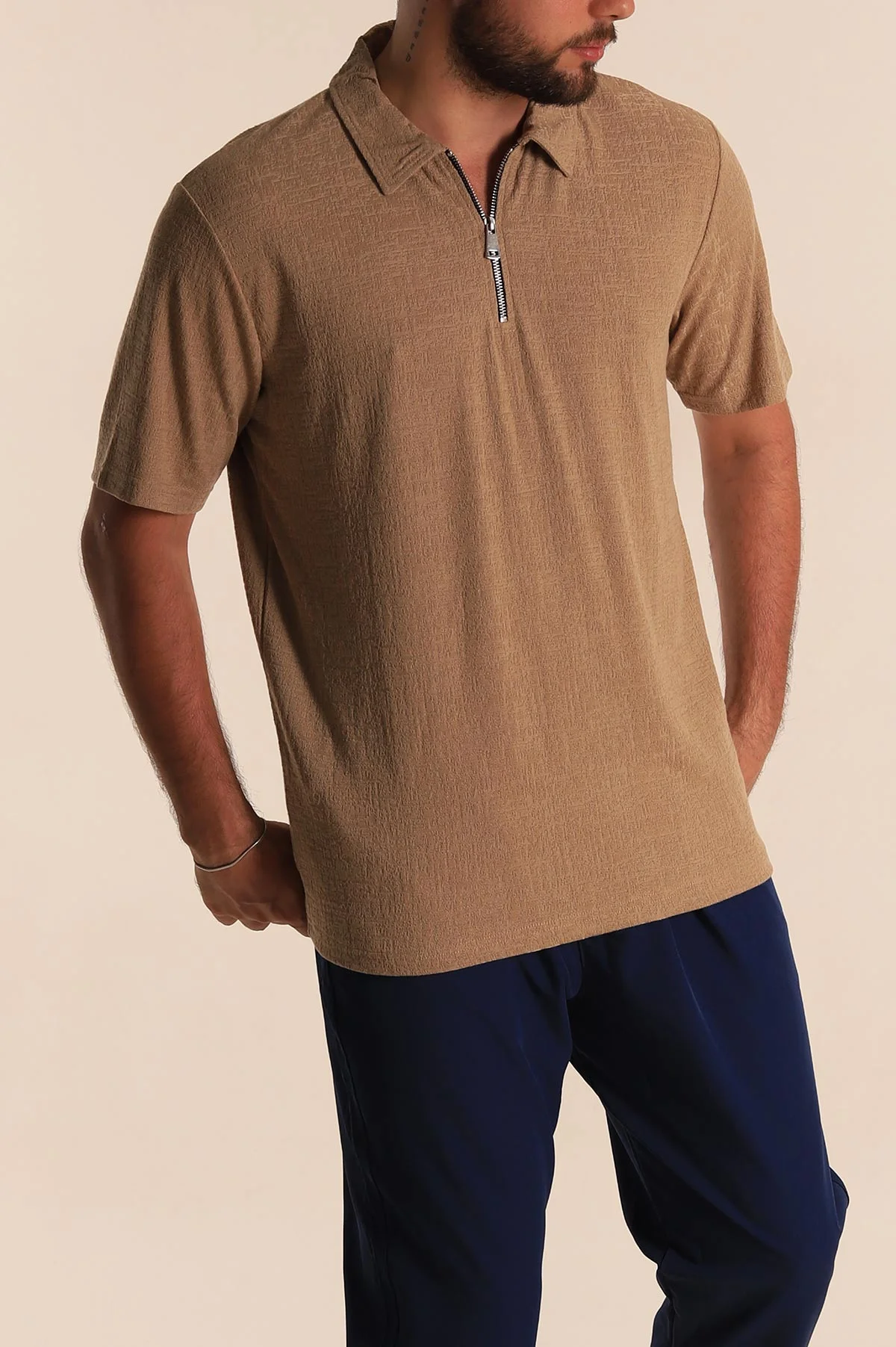 Bej Relaxed Fit Desenli Fermuarlı Polo Yaka Erkek Tişört 279211