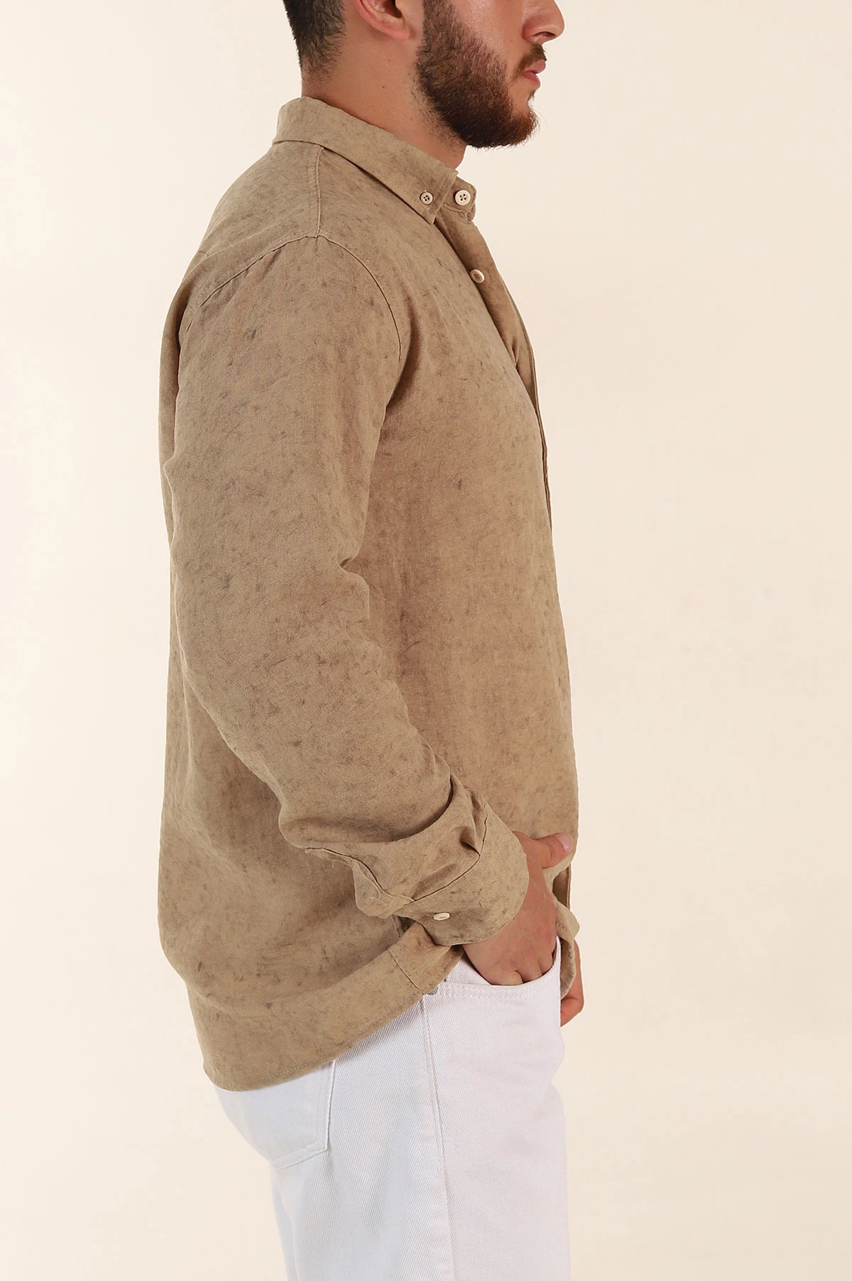 Bej Relaxed Fit Desenli Uzun Kollu Erkek Gömlek 369752