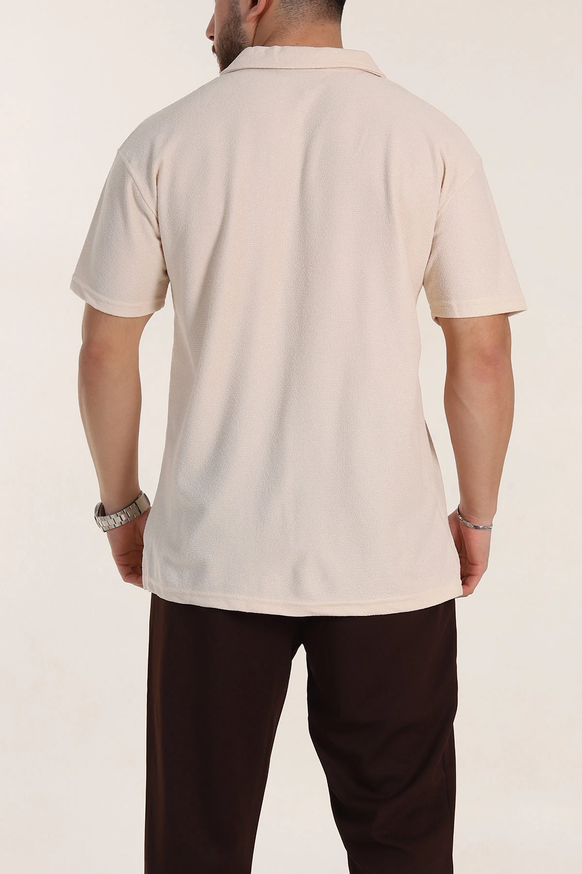 Bej Relaxed Fit Dokulu Basic Polo Yaka Erkek Tişört 351995