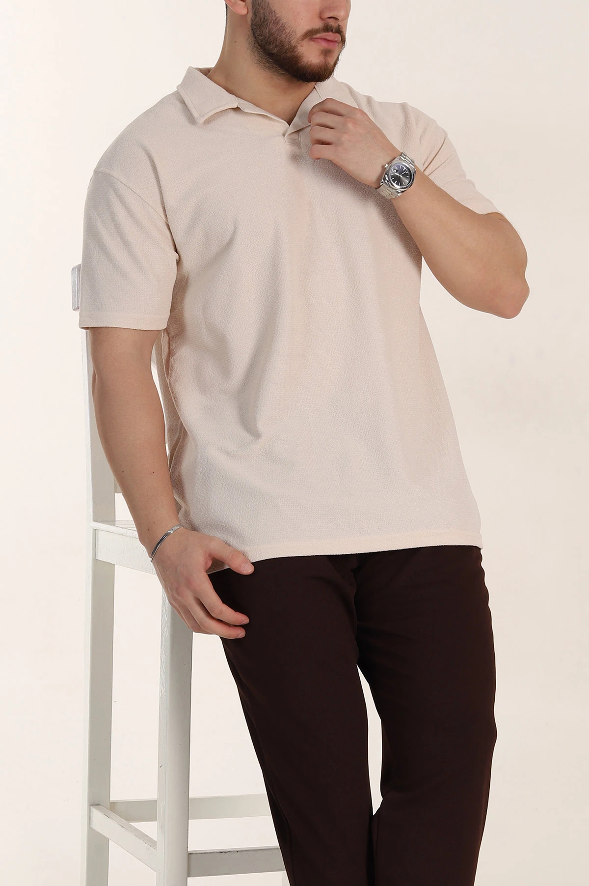 Bej Relaxed Fit Dokulu Basic Polo Yaka Erkek Tişört 351995