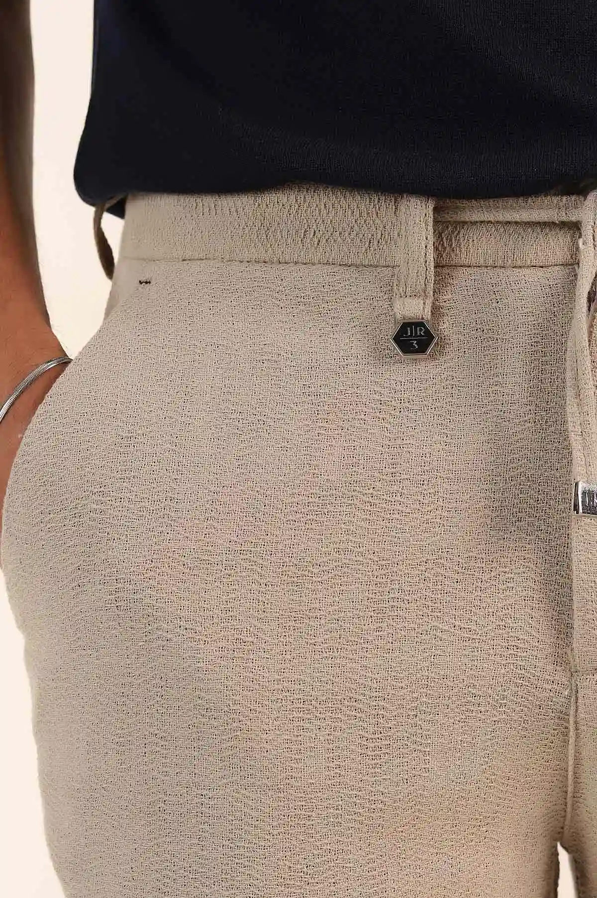 Bej Relaxed Fit Dokulu Bel Lastikli Erkek Şort 380983