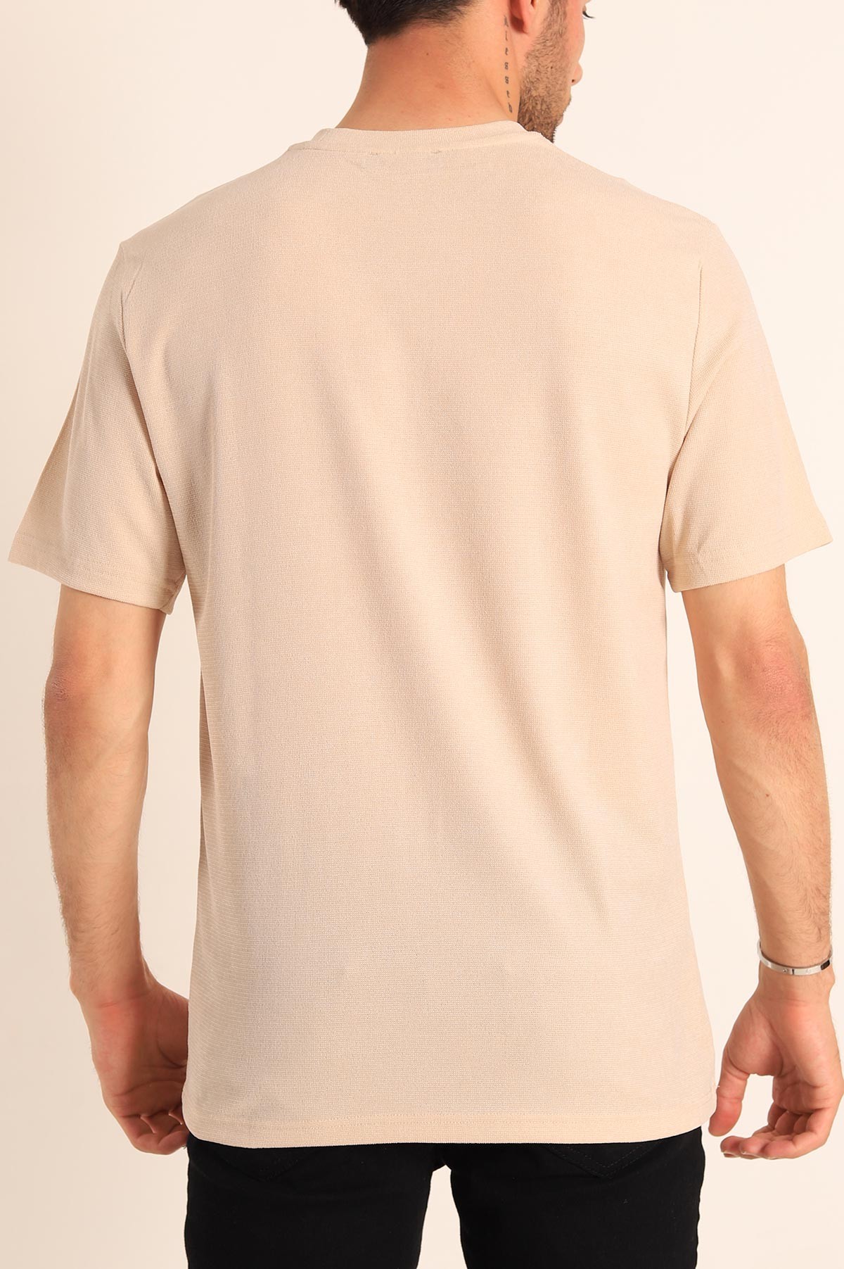 Bej Relaxed Fit Dokulu Slogan Baskılı Erkek Tişört 186769