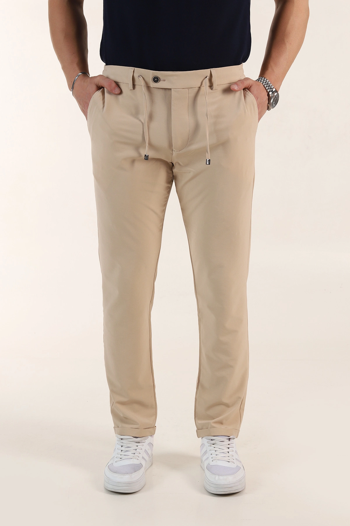 Bej Relaxed Fit Duble Kumaş Bel Lastikli Duble Paça Erkek Pantolon 362587