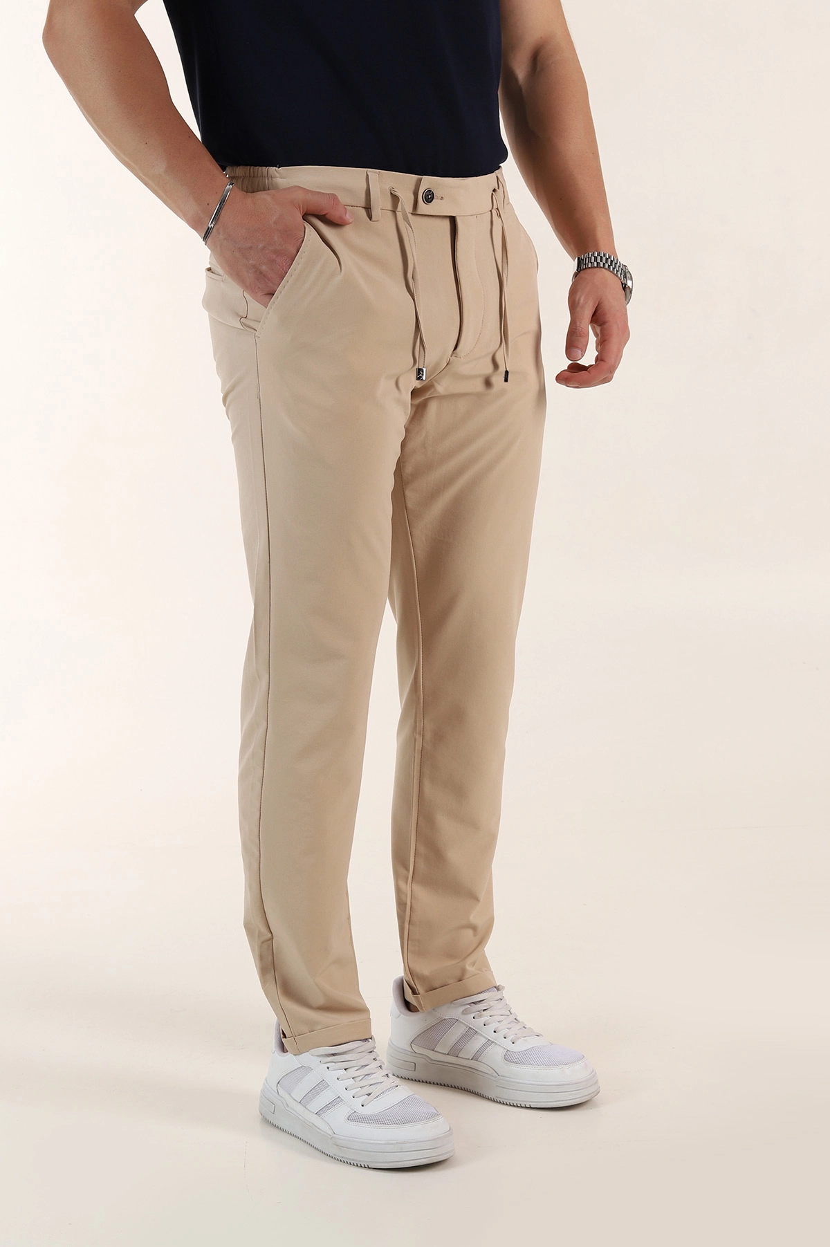 Bej Relaxed Fit Duble Kumaş Bel Lastikli Duble Paça Erkek Pantolon 362587