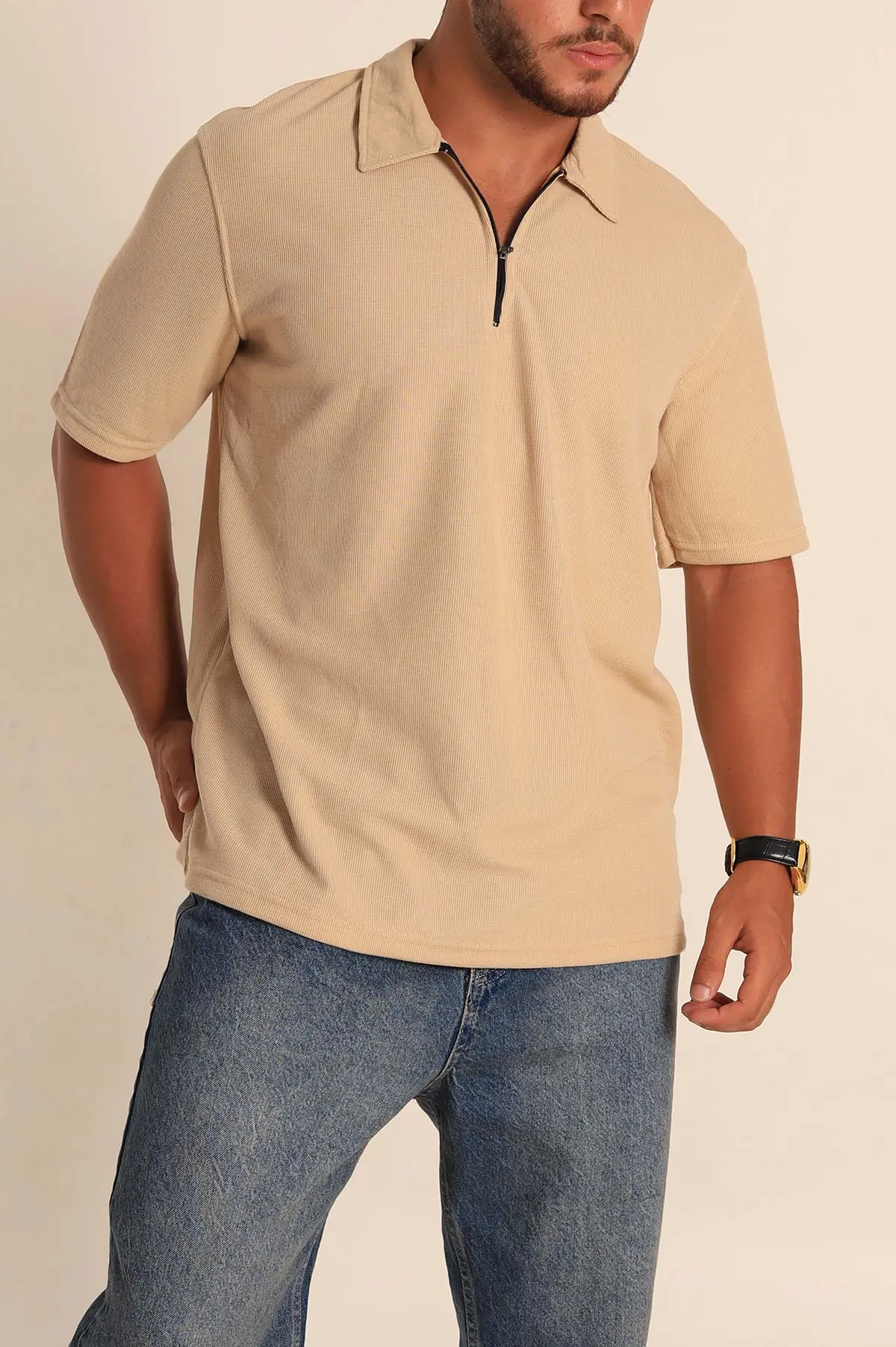 Bej Relaxed Fit Fermuarlı Polo Yaka Erkek Tişört 279200