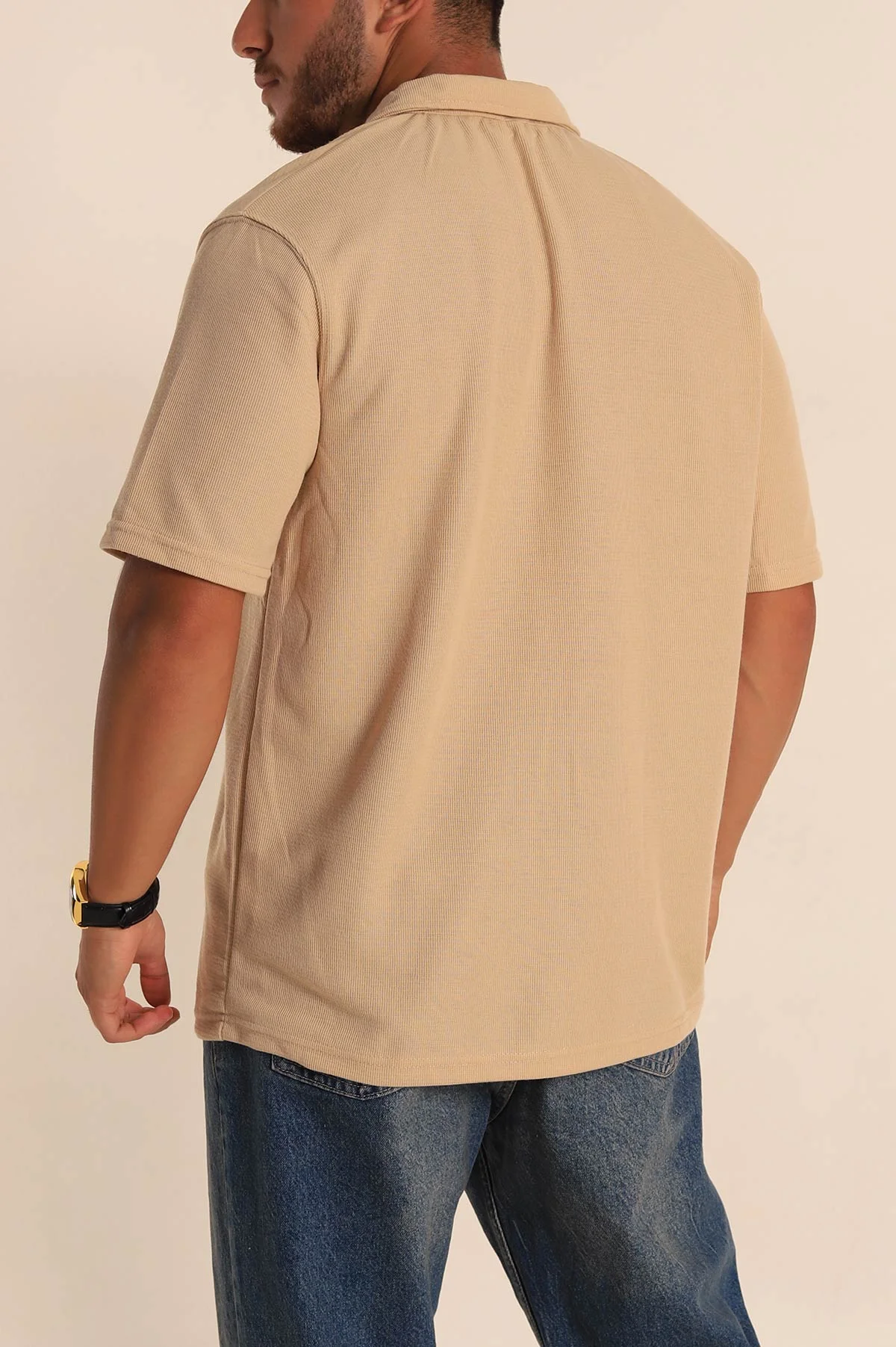 Bej Relaxed Fit Fermuarlı Polo Yaka Erkek Tişört 279200
